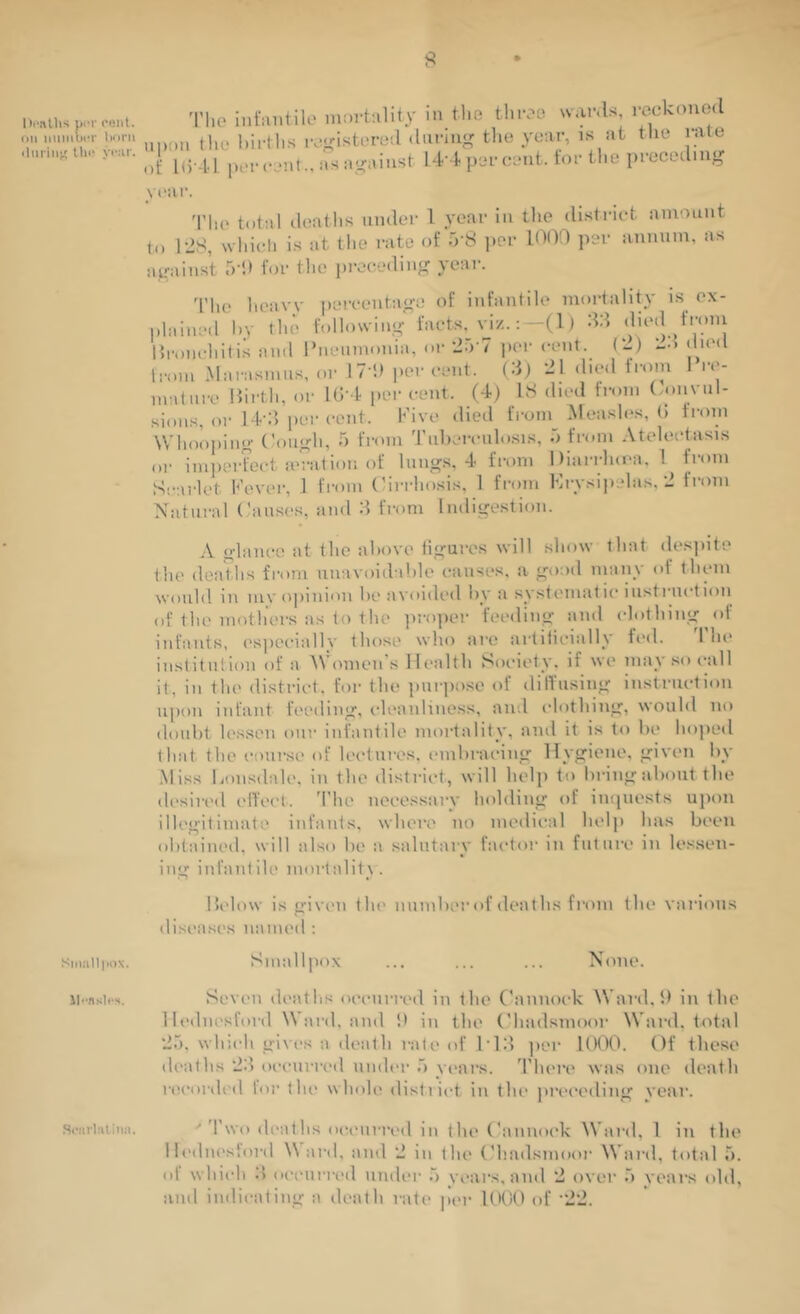 Di'nllis piT I'ftiit. Dll iiiimuiT linni iliiriiii' till' yi'iir. Slll.‘lll|KlX. Hoiirliit ilia. 'I'lio infaiilile ni;n-t-.ility in the throe war.ls reckoned unoii the hirtlis .•o<,dstered during tlie year, is at the rate of l() -ld per cent., as against 14’4 per cent, for the preceding year. 'I'he total ileaths under 1 year in the di.strict amount to 12S, which is at the rate of .r8 jier 1000 per annum, as against T)’!) for tlie preceding year. The lieavv percentage of infantile moi'tallty is cx- phiinetl l)V the following facts, viz. :—(l) 00 dieil froin Ih-oHchitis ami Pneumonia, m-2'>'7 per cent. 12) 1.0 died Inna .Marasmus, or 17'!) percent. (0) 21 died from I ir- inature Pirth, or l()-4 percent. (4) 18 died from (miiviil- sions, or II'O per cent. Five died fi-oni_ Meash's, C from \Vhoo|)iiig (hmgh, o from Tiiherculosis, .7 fi-om .Vtelectasis or imperfect mration of liing.s, 4 from Diarrluea, 1 from Scarlet Fevm-, 1 from ('irrhosis, 1 from Frysiiielas. 2 from Natural (’aiises, and 0 from Indigestion. .\ glance at the above iigures will show that desjiite the deaths from unavoidahle laiiises. a good many of them would in m\'opinion he avoided hy a sy.steniat ic instruct ion of the mothers as to the ]iroper feeding and clothing ()f infants, I'speciallv those who are artificially fi'd. I he institution of a 'WNimen's Health Society, if we inay.socall it, in the district, for the purpose of dilTusiiig instruction upon infant fi'cding, tdeanliness, and clothing, would no doubt le.s.sen our infantile mortality, and it is to he ho])ed that the course of lectures, embracing Hygiene, given In- Miss lionsdale, in the district, will help to bring about the desired cITecl. 'I'he necessary holding of imjnests uiion illegitimate infants, where no medical help has been obtained, will also be a salutarv factor in future in les.sen- Ing infant ilc mortality. llelow is givmi tin* number of deaths from the various diseases named : Smallpox ... ... ... None. Seven ih'aths occurred in the (’annock Ward, 9 in the Hednesford Ward, and 9 in the (’hadsmoor Ward, total 25, which gives a death i-ate of PHI ])er 1000. Of these (leafhs 24 occurred umh'r 5 yc'ars. 'riunv was one death riH’ordcd for the whole distiict in tlu' jtrec'eding year. ''Two deaths ocmirred in the (’annock Ward, 1 in the llediK'slord W ard, and 2 in the ('Imdsmoor Ward, total 5. Ill which 4 occnrrt'd under .5 yi’ars, and 2 over .5 years cdd, and indicating a death rate per UK)0 of '22.