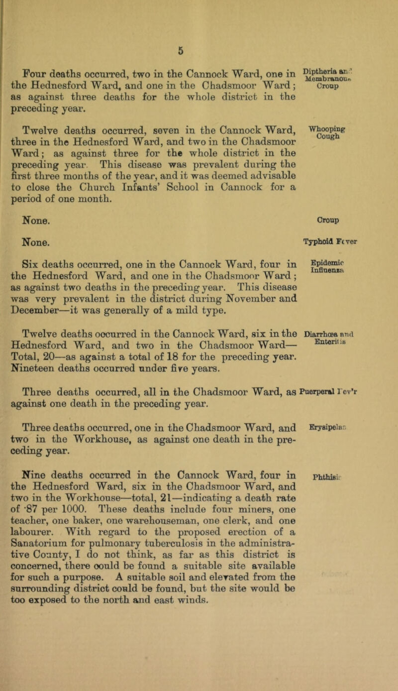 Four deaths occurred, two in the Cannock Ward, one in the Hednesford Ward, and one in the Chadsmoor Ward; croup as against three deaths for the whole district in the preceding year. Twelve deaths occurred, seven in the Cannock Ward, Whooping three in the Hednesford Ward, and two in the Chadsmoor Ward; as against three for the whole district in the preceding year. This disease was prevalent during the first three months of the year, and it was deemed advisable to close the Church Infants’ School in Cannock for a period of one month. None. Croup None. Typhoid Fever Six deaths occurred, one in the Cannock Ward, four in the Hednesford Ward, and one in the Chadsmoor Ward ; as against two deaths in the preceding year. This disease was very prevalent in the district during November and December—it was generally of a mild type. Epidemic Influenin Twelve deaths occurred in the Cannock Ward, six in the Hednesford Ward, and two in the Chadsmoor Ward— Total, 20—as against a total of 18 for the preceding year. Nineteen deaths occurred under fire years. Diarrhoea nud Enterit is Three deaths occurred, all in the Chadsmoor Ward, as Puerperal icv’r against one death in the preceding year. Three deaths occurred, one in the Chadsmoor Ward, and Erysipeiar, two in the Workhouse, as against one death in the pre- ceding year. Nine deaths occurred in the Cannock Ward, four in phthiai the Hednesford Ward, six in the Chadsmoor Ward, and two in the Workhouse—total, 21—indicating a death rate of '87 per 1000. These deaths include four miners, one teacher, one baker, one warehouseman, one clerk, and one labourer. With regard to the proposed erection of a Sanatorium for pulmonary tuberculosis in the administra- tive County, I do not think, as far as this district is concerned, there oould be found a suitable site available for such a purpose. A suitable soil and elevated from the surrounding district could be found, but the site would be too exposed to the north and east winds.