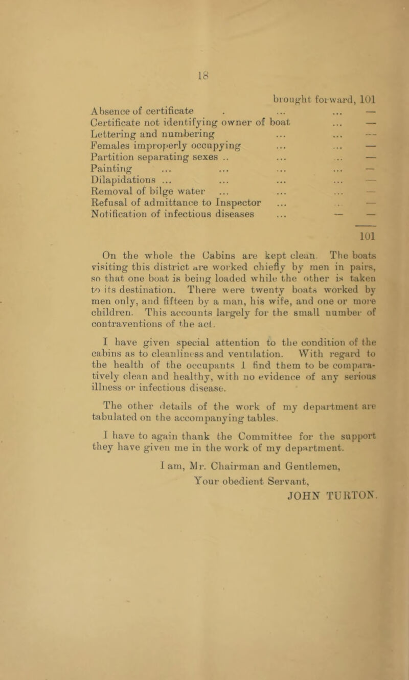 bioufi^ht forward, 101 Absence of certificate . ... ... — Certificate not identifying owner of boat ... — Lettering and numbering Females improperly occupying ... ... — Partition separating sexes .. ... ... — Painting ... ... ... ... — Dilapidations ... ... ... ... — Removal of bilge water ... ... ... — Refusal of admittance to Inspector ... . — Notification of infectious diseases ... — — 101 On the whole the Cabins are kept clean. The boats visiting this district <xre worked chiefly by men in pairs, so that one boat is being loaded while the other is taken to its destination. There were tw'enty boats worked by men only, and fifteen by a man, his wife, and one or moi’e children. This accounts largely for the small number of contraventions of the act. I have given special attention to the condition of the cabins as to cleaidincss and ventilation. With regard to the health of the occupants i find them to be compara- tively clean and healthy, with no evidence of any serious illness or infectious disease. The other details of the work of my department are tabulated on the accompanying tables. 1 have to again thank the Committee for the support they have given me in the w'ork of my department. 1 am, Mr. Chairman and Gentlemen, Your obedient Servant, JOHN TURTON.