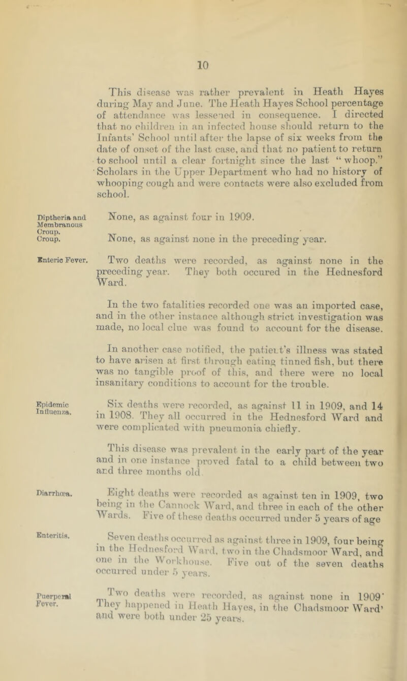 Piptheria and Membranous Croup. Croup. Enteric Fever. Epidemic Influenza. Diarrhoea. Enteritis. Puerperal Fever. This disease was rather prevalent in Heatli Hayes during May and June. The Heath Hayes School percentage of attendance was lessened in consequence. I directed that no children in an infected house should return to the Infants’ School until after the lapse of six weeks from the date of onsot of the last case, and that no patient to return to school until a clear fortnight since the last “whoop.” Scholars in the Upper Department who had no history of whooping cough and were contacts were also excluded from school. None, as against four in 1909. None, as against none in the preceding year. Two deaths were recorded, as against none in the preceding year. They both occured in the Hednesford Ward. In the two fatalities recorded one was an imported case, and in the other instance although strict investigation was made, no local clue was found to account for the disease. In another case notified, the patient’s illness wras stated to have arisen at first through eating tinned fish, but there was no tangible proof of this, and there were no local insanitary conditions to account for the trouble. Six deaths were recorded, as against 11 in 1909, and 14 in 1908. They nil occurred in the Hednesford Ward and ■were complicated with pueumonia chiefly. This disease was prevalent in the early part of the year and in one instance proved fatal to a child between two ard three months old bight deaths were recorded as against ten in 1909, two being in the ( annock \\ ard, and three in each of the other M ai ds, 1< ive of these deaths occurred under 5 years of age . ^®ven hs occurred ns against three in 1909, four being in the Hednesford Ward, t wo in the Chadsmoor Ward, and one in the VY orkhouse. Five out of the seven deaths occurred under 5 years. J() deaths were recorded, as against none in 1909' ie\ happened in Heath Hayes, in the Chadsmoor Ward’ and were both under 25 years.