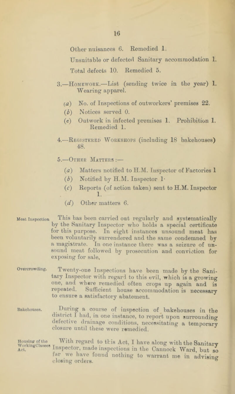 Unsuitable or defected Sanitary accommodation 1. Total defects 10. Remedied 5. 3. —Homework.—List (sending twice in the year) 1. Wearing apparel. (a) No. of Inspections of outworkers’ premises 22. (b) Notices served 0. (c) Outwork in infected premises 1. Prohibition 1. Remedied 1. 4. —Registered Workshops (including IS bakehouses) 48. 5. —Other Matters:— (a) Matters notified to II.M. Inspector of Factories 1 (b) Notified by H.M. Inspector 1- (c) Reports (of action taken) sent to H.M. Inspector 1. (d) Other matters 6. Meat inspection This has been carried out regularly and systematically by the Sanitary Inspector who holds a special certificate for this purpose. In eight instances unsound meat has been voluntarily surrendered and the same condemned by a magistrate. In one instance there was a seizure of un- sound meat followed by prosecution and conviction for exposing for sale, Overcrowding. Twenty-one Inspections have been made by the Sani- tary Inspector with regard to this evil, which is a growing one, and where remedied often crops up again and is repeated. Sufficient house accommodation is necessary to ensure a satisfactory abatement. Bakehouses. During a course of inspection of bakehouses in the district I had, in one instance, to report upon surrounding defective drainage conditions, necessitating a temporary closure until these were remedied. Workingc[nsees T Witl? r6gai1 ^ ttis Acfc' 1 have alon£ 'ith the Sanitary Act. g Inspector, made inspections in the Cannock Ward, but so fur we have found nothing to warrant me in advising closing oi'dei's. 6