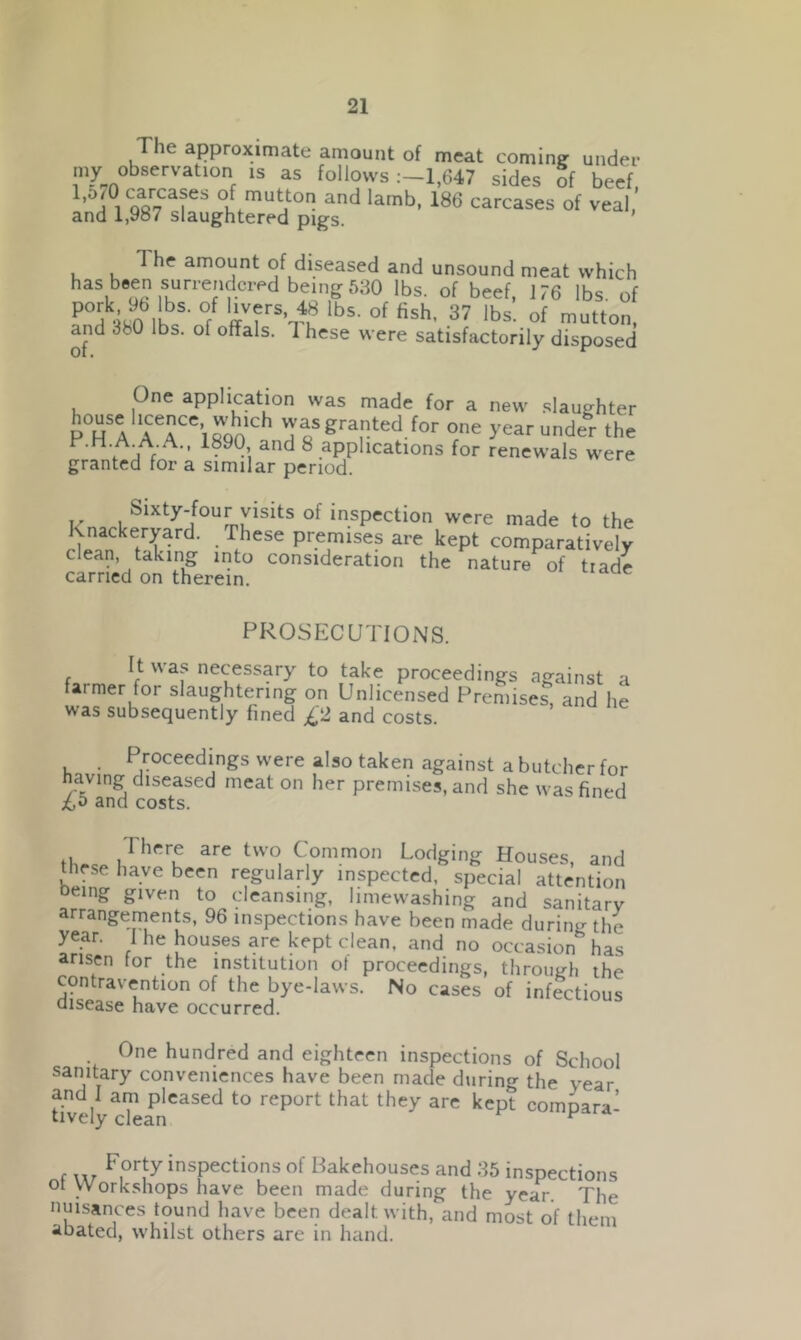 The approximate amount of meat coming under my observation is as follows 1,647 sides 5f beef, ’°a i Qar7Ca?eS °Lmut}on. and lamb, 186 carcases of veal and J.,987 slaughtered pigs. 1 he amount of diseased and unsound meat which has been surrendcied being 530 lbs. of beef, 176 lbs. of Fnd lb/'°f ffVfrS,T'k lb5' °f fish' 37 lbs' °f mutton, and IbO lbs. ol offals. I hese were satisfactorily disposed One application was made for a new slaughter house l.cence which was granted for one year under the P.H.A.A.A., 1890 and 8 applications for renewals were granted for a similar period. iSixty-four visits of inspection were made to the Knackeryard. These premises are kept comparatively clean, taking into consideration the nature of trade carried on therein. PROSECUTIONS. It was necessary to take proceedings against a farmer for slaughtering on Unlicensed Premises, and he was subsequently fined £2 and costs. . Proceedings were also taken against a butcher for havmg d^eased meat on her premises, and she was fined &d and costs. l1 arC tW°, C.ommon Lodging Houses, and these have been regularly inspected, special attention being given to cleansing, limewashing and sanitarv arrangements, 96 inspections have been made during the year. I he houses are kept clean, and no occasion has arisen for the institution of proceedings, through the contravention of the bye-laws. No cases of infectious disease have occurred. One hundred and eighteen inspections of School sanitary conveniences have been made during the year tively ckanCaSed t0 ^ ^ kept comPara’ , wt F,orfy insPections of Bakehouses and 35 inspections ot Workshops have been made during the year The nuisances found have been dealt with, and most of them abated, whilst others are in hand.