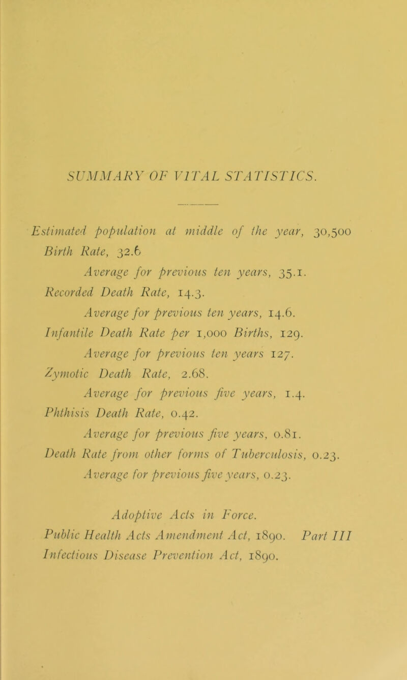 SUMMARY OF IMTAL STAR IS7'ICS. Estijnated population at middle of ihe year, 30,500 Birth Rate, 32.6 Average for previous ten years, 35.1. Recorded Death Rate, 14.3. Average for previous ten years, 14.6. Infantile Death Rate per 1,000 Births, 129. Average for previous ten years 127. Zymotic Death Rate, 2.68. Average for previous five years, 1.4, Phthisis Death Rate, 0.42. Average for previous five years, 0.81. Death Rate froni other forms of Tuberculosis, 0.23. Average for previous five years, 0.23. Adoptive Acts in Force. Infectious Disease Prevention Act, 1890.