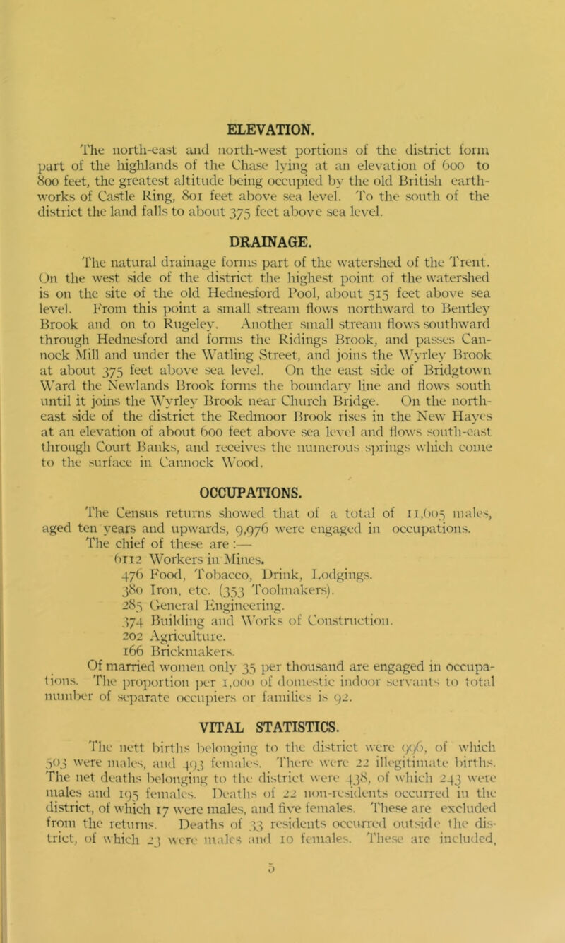 ELEVATION. I'he north-east and north-west portions of the district form part of the liighlands of the Chase lying at an elevation of ()oo to 800 feet, the greatest altitude being occupied by the old British earth- works of Castle Ring, 801 feet above sea level. To the .south of the district the land falls to about 375 feet above sea level. DRAINAGE. The natural drainage forms part of the watershed of the Trent. On the west side of the district the highest point of the watershed is on the site of the old Hednesford Pool, about 313 feet above sea level. From this point a small stream flows northward to Bentley Brook and on to Rugeley. Another small stream flows southward through Hednesford and forms the Ridings Brook, and pas.ses Can- nock Mill and under the Watling Street, and joins the W'yrley Brook at about 373 feet above sea level. On the east side of Bridgtown W'ard the Newlands Brook forms the boundary line and flows south until it joins the W’yrley Brook near Church Bridge. On the north- east side of the district the Redmoor Brook rises in the New Hayes at an elevation of about boo feet above sea level and ilows south-east through Court Banks, and receives the numerous springs which come to the surface in Cannock Wood. OCCUPATIONS. The Census returns showed that of a total of 11,003 males, aged ten years and upwards, 9,976 were engaged in occupations. The chief of these are :— 6112 Workers in Mines. 476 Food, Tobacco, Drink, Lodgings. 380 Iron, etc. (333 'roolmakers). 283 Cencral Ivngineering. 374 Building and Works of Construction. 202 Agriculture. 166 Brickmakers. Of married women onh- 33 per thousand are engaged in occupa- lions. The pro])ortion per 1,000 of domestic indoor servants to total number of separate occujhers or families is 92. VITAL STATISTICS. The nett births belonging to the district were ()()(), of which 303 were males, and 4C)3 females. There were 22 illegitimate births. The net deaths belonging to the district were 438, of which 243 were males and 193 females. Deaths of 22 non-residents occurred in the district, of which 17 were males, and five females. These are excluded from the returns. Deaths of 33 residents occurred outside the di.s- trict, of which 23 were males and 10 females. These arc included. o