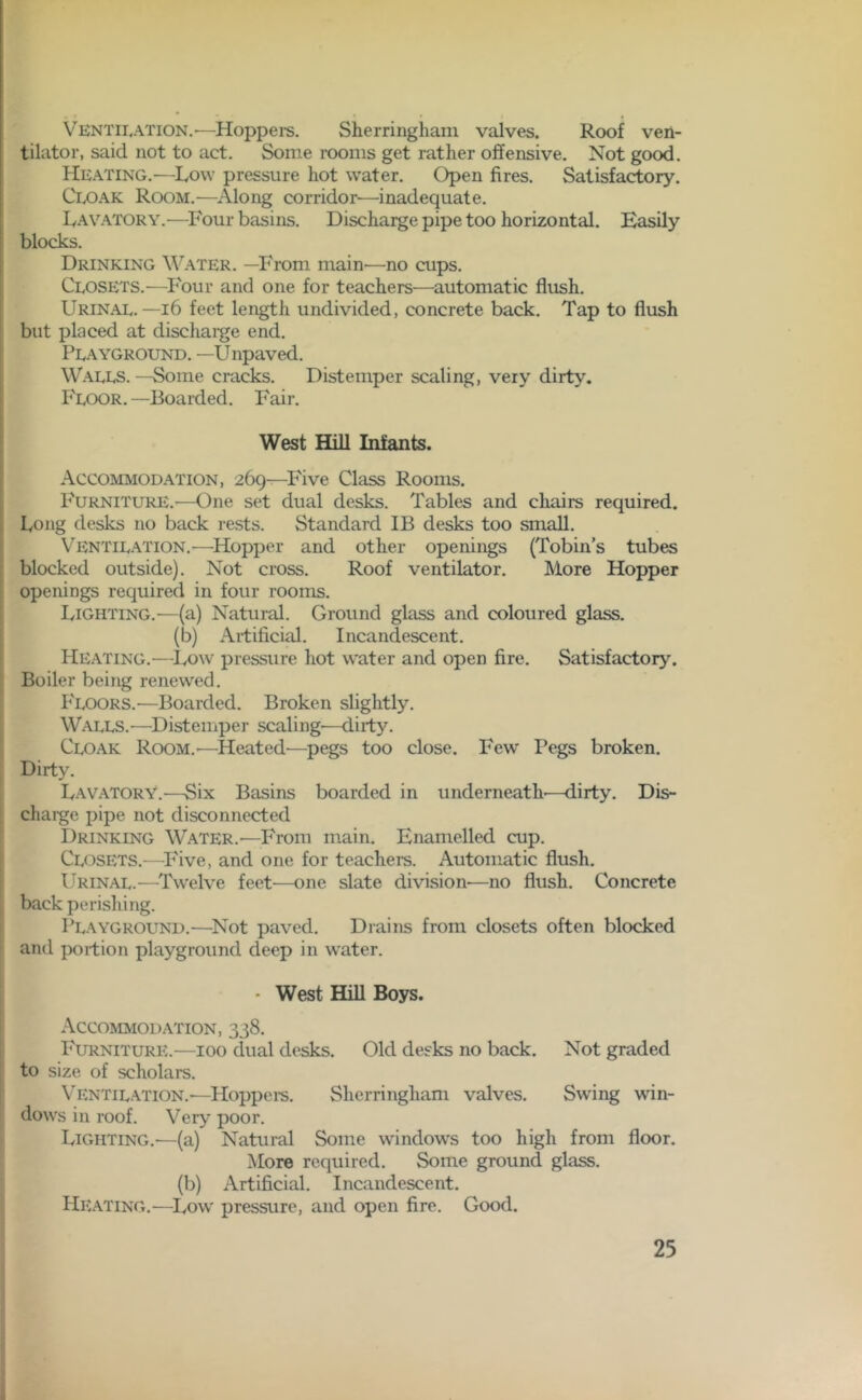 Ventilation.'—Hoppers. Sherringham valves. Roof ven- tilator, said not to act. Some rooms get rather offensive. Not good. Heating.—Low pressure hot water. Open fires. Satisfactory. Cloak Room.—Along corridor—inadequate. Lavatory.—Four basins. Discharge pipe too horizontal. Easily blocks. Drinking Water. —From main—no cups. Closets.—Four and one for teachers—automatic flush. Urinal.—16 feet length undivided, concrete back. Tap to flush but placed at discharge end. Playground. —Unpaved. Walls. —Some cracks. Distemper scaling, very dirty. Floor. —Boarded. Fair. West Hill Infants. Accommodation, 269—Five Class Rooms. Furniture.'—One set dual desks. Tables and chairs required. Long desks no back rests. Standard IB desks too small. Ventilation.—Hopper and other openings (Tobin’s tubes blocked outside). Not cross. Roof ventilator. More Hopper openings required in four rooms. Lighting.—(a) Natural. Ground glass and coloured glass. (b) Artificial. Incandescent. Heating.—Low pressure hot water and open fire. Satisfactory. Boiler being renewed. Floors.—Boarded. Broken slightly. Walls.—Distemper scaling—dirty. Cloak Room.'—Heated—pegs too close. Few Pegs broken. Dirty. Lavatory.—Six Basins boarded in underneath'—dirty. Dis- charge pipe not disconnected Drinking Water.'—From main. Enamelled cup. Closets.—Five, and one for teachers. Automatic flush. Urinal.—Twelve feet—one slate division-—no flush. Concrete back perishing. Playground.—Not paved. Drains from closets often blocked and portion playground deep in water. • West Hill Boys. Accommodation, 338. Furniture.—100 dual desks. Old desks no back. Not graded to size of scholars. Ventilation.—Hoppers. Sherringham valves. Swing win- dows in roof. Very poor. Lighting.—(a) Natural Some windows too high from floor. More required. Some ground glass. (b) Artificial. Incandescent. Heating.—Low pressure, and open fire. Good.