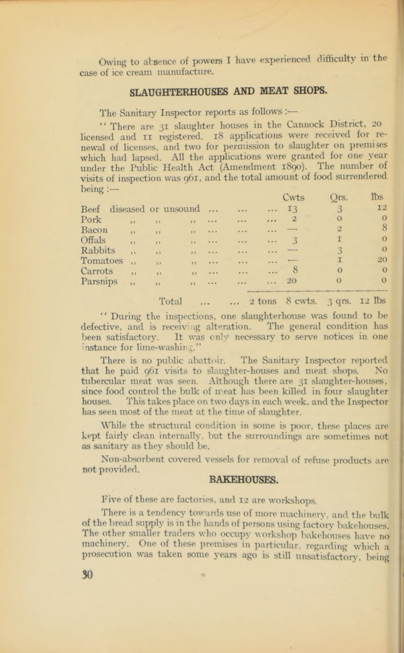 Owing to absence of powers I have experienced difficulty in the case of ice cream manufacture. SLAUGHTERHOUSES AND MEAT SHOPS. The Sanitary Inspector repo its as follows :— “ There are 31 slaughter houses in the Cannock District, 20 licensed and 11 registered. 18 applications were received for re- newal of licenses, and two for permission to slaughter on premises which had lapsed. All the applications were granted for one year under the Public Health Act (Amendment 1890). The number of visits of inspection was 961, and the total amount of food surrendered Beef diseased or unsound ... Cwts 13 Qrs. 3 lbs 12 Pork ,, 2 0 0 Bacon ,, ... ... — 2 8 Offals ,, 3 1 0 Rabbits ,, ... ■— 3 0 Tomatoes ,, ... •— 1 20 Carrots ,, 8 0 0 Parsnips ,, >> 9 9 • •• 20 0 0 Total ... 2 tons 8 cwts. 3 qrs. 12 lbs “ During the inspections, one slaughterhouse was found to be defective, and is receiving alteration. The general condition lias been satisfactory. It was onlv necessary to serve notices in one nstance for lime-washing.” There is no public abattoir. The Sanitary Inspector reported that he paid 961 visits to slaughter-houses and meat shops. No tubercular meat was seen. Although there are 31 slaughter-houses, since food control the bulk of meat lias been killed in four slaughter houses. This takes place on two days in each week, and the Inspector has seen most of the meat at the time of slaughter. While the structural condition in some is poor, these places are kept fairly clean internally, but the surroundings are sometimes not as sanitary as they should be. Non-absorbent covered vessels for removal of refuse products are not provided. BAKEHOUSES. Five of these are factories, and 12 are workshops. There is a tendency towards use of more machinery, and the bulk of the bread supply is in the hands of persons using factory bakehouses. The other smaller traders who occupy workshop bakehouses have no machinery. One of these premises in particular, regarding which a prosecution was taken some years ago is still unsatisfactory, being