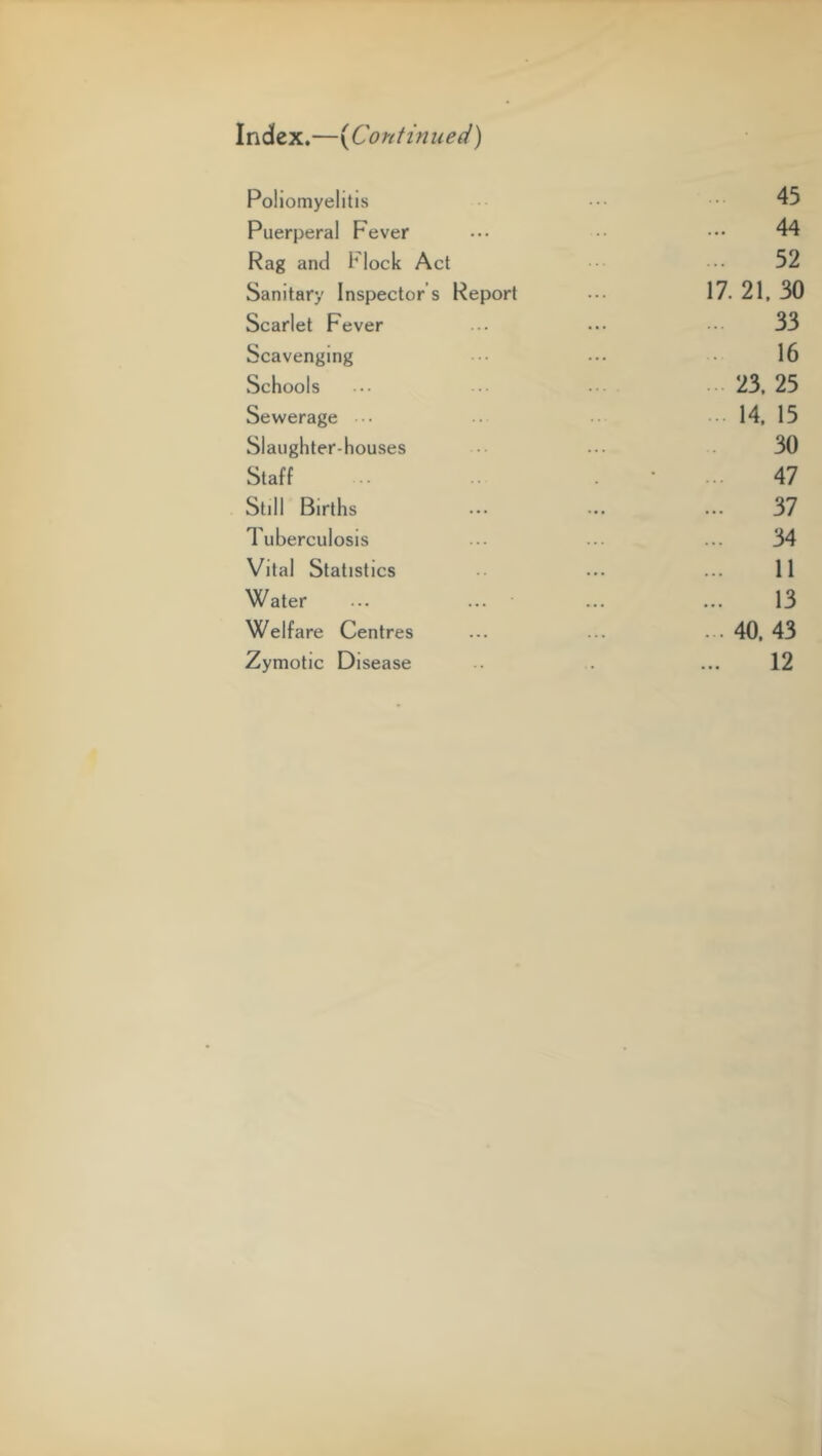 Index.—(Continued) Poliomyelitis ••• ••• 45 Puerperal Fever ••• ••• 44 Rag and 1* lock Act ••• 52 Sanitary Inspector s Report ••• 17. 21, 30 Scarlet Fever ... ... ••• 33 Scavenging 16 Schools ... ... ... 23.25 Sewerage ••• •• • - - - 14, 15 Slaughter-houses ... 30 Staff ... • ... 47 Still Births ... ... ... 37 Tuberculosis ... ... ... 34 Vital Statistics ... ... 11 Water ... ... ... ... 13 Welfare Centres ... ... ... 40, 43 Zymotic Disease .. . ... 12