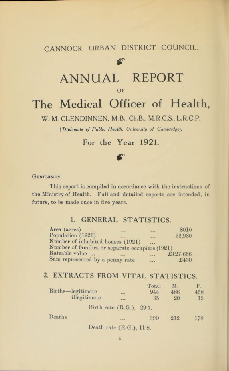 r ANNUAL REPORT OF The Medical Officer of Health, W. M. CLENDINNEN. M.B., Ch.B., M.R.C.S., L.R.C.P. {‘Diplomats of Public Health, University of Cambridge), For the Year 1921. Gentlbmen, This report is compiled in accordance with the instructions of the Ministry of Health. Full and detailed reports are intended, in future, to be made once in fire years. 1. GENERAL STATISTICS. Area (acres) ... ... ... 8010 Population (1921) ... ... 32,930 Number of inhabited houses (1921) Number of families or separate occupiers (1921) Rateable value ... ... ... £127.666 Sum represented by a penny rate ... £430 2. EXTRACTS FROM VITAL STATISTICS. Births—legitimate ... illegitimate Total 944 35 M. 486 20 F. 458 15 Birth rate (R.G.), 297. Deaths 390 212 178 Death rate (R.G.), 1L8.