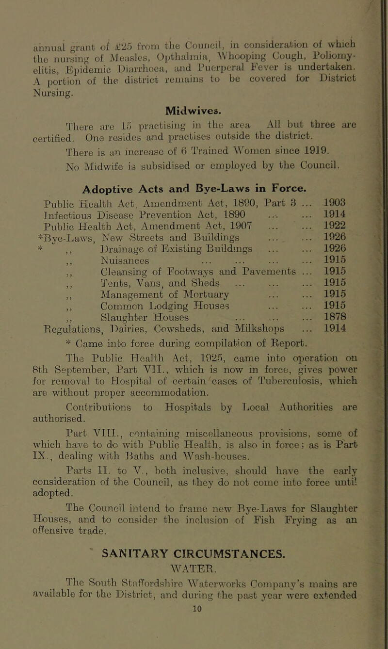 annual grant of £25 from the Council, in consideration of which the nursing of Measles, Opthalmia, Whooping Cough, Poliomy- elitis, Epidemic Diarrhoea, and Puerperal Fever is undertaken. A portion of the district remains to be covered for District Nursing. Midwives. There are 15 practising in the area All but three are certified. One resides and practises outside the district. There is an increase of 6 Trained Women since 1919. No Midwife is subsidised or employed by the Council. Adoptive Acts and Bye-Laws in Force. Public Health Act. Amendment Act, 1890, Part 8 ... 1903 Infectious Disease Prevention Act, 1890 ... ... 1914 Public Health Act, Amendment Act, 1907 ... ... 1922 *Bye-Laws, New Streets and Buildings ... ... 1926 * ,, Drainage of Existing Buildings ... ... 1926 ,, Nuisances ... ... ... ... 1915 ., Cleansing of Footways and Pavements ... 1915 ,, Tents, Vans, and Sheds ... ... ... 1915 ,, Management of Mortuary ... ... 1915 ,, Common Lodging Houses ... ... 1915 ,, Slaughter Houses ... ... ... 1878 Regulations, Dairies, Cowsheds, and Milkshops ... 1914 * Came into force during compilation of Report. The Public Health Act, 1925, came into operation on 8th September, Part VII., which is now in force, gives power for removal to Hospital of certain cases of Tuberculosis, which are without proper accommodation. Contributions to Hospitals by Local Authorities are authorised. Part VIII., containing miscellaneous provisions, some of which have to do with Public Health, is also in force; as is Part IX., dealing with Baths and Wash-houses. Parts II. to V., both inclusive, should have the early consideration of the Council, as thev do not come into force until adopted. The Council intend to frame new Bye-Laws for Slaughter Houses, and to consider the inclusion of Fish Frying as an offensive trade. SANITARY CIRCUMSTANCES. WATER. 1 he South Staffordshire Waterworks Company’s mains are available for the District, and during the past year were extended