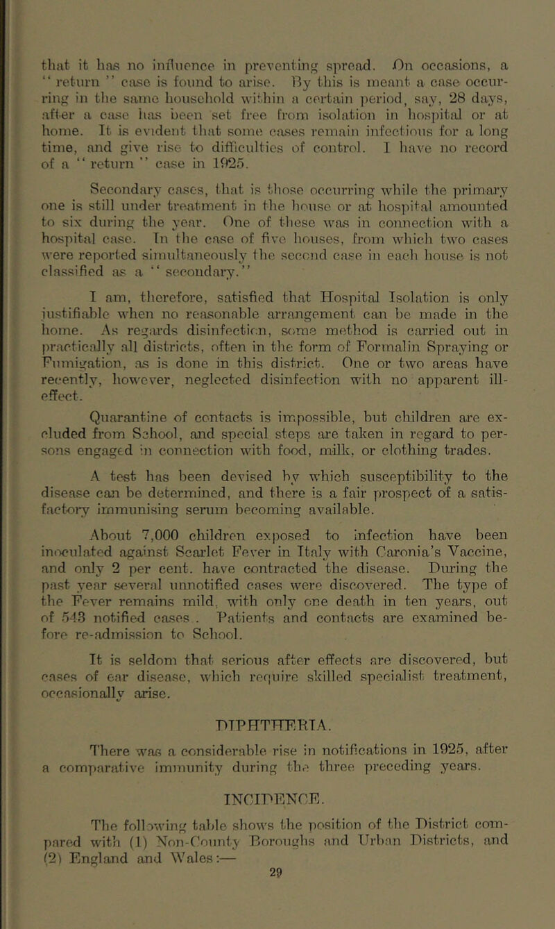 that it has no influence in preventing spread. On occasions, a “ return ” case is found to arise. By this is meant a case occur- ring in the same household within a certain period, say, 28 days, after a case has been set free from isolation in hospital or at home. It is evident that some cases remain infectious for a long time, and give rise to difficulties of control. I have no record of a “ return ” ease in 1925. Secondary cases, that is those occurring while the primary one is still under treatment in the house or at hospital amounted to six during the year. One of these was in connection with a hospital case. In the case of five houses, from which two cases were reported simultaneously the second case in each house is not classified as a secondary.” I am, therefore, satisfied that Hospital Isolation is only justifiable when no reasonable arrangement can be made in the home. As regards disinfection, some method is carried out in practically all districts, often in the form of Formalin Spraying or Fumigation, as is done in this district. One or two areas have recently, however, neglected disinfection with no apparent ill- effect. Quarantine of contacts is impossible, but children are ex- cluded from School, and special steps are taken in regard to per- sons engaged in connection with food, milk, or clothing trades. A test has been devised by which susceptibility to the disease can be determined, and there is a fair prospect of a satis- factory immunising serum becoming available. About 7,000 children exposed to infection have been inoculated against Scarlet Fever in Italy with Caronia’s Vaccine, and only 2 per cent, have contracted the disease. During the past year several unnotified cases were discovered. The type of the Fever remains mild, with only one death in ten years, out of 543 notified cases . Patients and contacts are examined be- fore re-admission to School. It is seldom that serious after effects are discovered, but cases of ear disease, which require skilled specialist treatment, occasionallv arise. «/ DIPHTHERIA. There was a considerable rise in notifications in 1925, after a comparative immunity during the three preceding years. INCIDENCE. The following table shows the position of the District com- pared with (1) Non-County Boroughs and Urban Districts, and (2i England and Wales:—