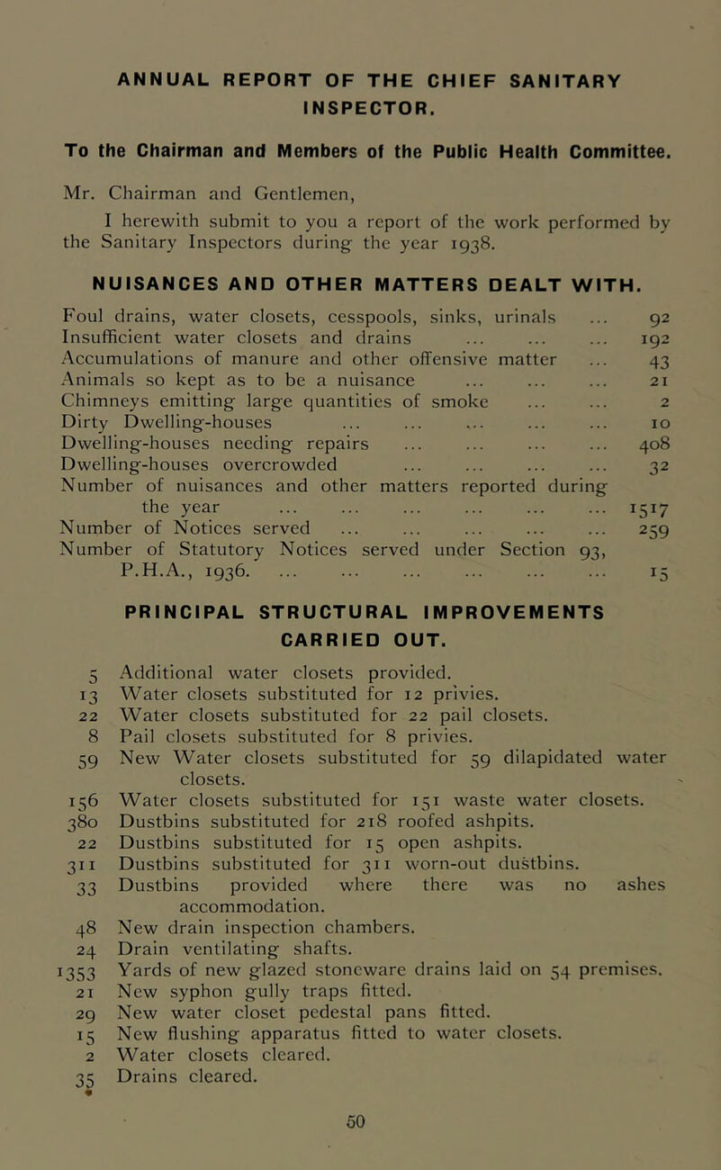 ANNUAL REPORT OF THE CHIEF SANITARY INSPECTOR. To the Chairman and Members of the Public Health Committee. Mr. Chairman and Gentlemen, I herewith submit to you a report of the work performed by the Sanitary Inspectors during the year 1938. NUISANCES AND OTHER MATTERS DEALT WITH. F'oul drains, water closets, cesspools, sinks, urinals ... 92 Insufficient water closets and drains ... ... ... 192 Accumulations of manure and other offensive matter ... 43 .Animals so kept as to be a nuisance ... ... ... 21 Chimneys emitting large quantities of smoke ... ... 2 Dirty Dwelling-houses ... ... ... ... ... 10 Dwelling-houses needing repairs ... ... ... ... 408 Dwelling-houses overcrowded ... ... ... ... 32 Number of nuisances and other matters reported during the year ... ... ... ... ... ... 1517 Number of Notices served ... ... ... ... ... 259 Number of Statutory Notices served under Section 93, P.H.A., 1936 15 PRINCIPAL STRUCTURAL IMPROVEMENTS CARRIED OUT. 5 Additional water closets provided. 13 Water closets substituted for 12 privies. 22 Water closets substituted for 22 pail closets. 8 Pail closets substituted for 8 privies. 59 New Water closets substituted for 59 dilapidated water closets. 156 Water closets substituted for 151 waste water closets. 380 Dustbins substituted for 218 roofed ashpits. 22 Dustbins substituted for 15 open ashpits. 311 Dustbins substituted for 311 worn-out dustbins. 33 Dustbins provided where there was no ashes accommodation. 48 New drain inspection chambers. 24 Drain ventilating shafts. 1353 Yards of new glazed stoneware drains laid on 54 premises. 21 New syphon gully traps fitted. 29 New water closet pedestal pans fitted. 15 New flushing apparatus fitted to water closets. 2 Water closets cleared. 35 Drains cleared.