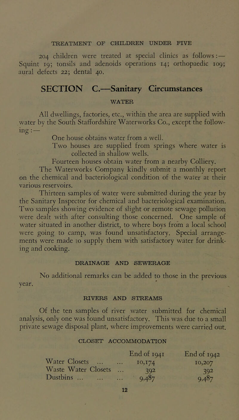 TREATMENT OF CHILDREN UNDER FIVE 204 children were treated at special clinics as follows: — Squint 19; tonsils and adenoids operations 14; orthopaedic 109; aural defects 22; dental 40. SECTION C.—Sanitary Circumstances WATER All dwellings, factories, etc., within the area are supplied with water by the South Staffordshire Waterworks Co., except the follow- ing:— One house obtains water from a well. Two houses are supplied from springs where water is collected in shallow wells. Fourteen houses obtain water from a nearby Colliery. The Waterworks Company kindly submit a monthly report on the chemical and bacteriological condition of the water at their various reservoirs. Thirteen samples of water were submitted during the year bv the Sanitary Inspector for chemical and bacteriological examination. Two samples showing evidence of slight or remote sewage pollution were dealt with after consulting those concerned. One sample of water situated in another district, to where boys from a local school were going to camp, was found unsatisfactory. Special arrange- ments were made to supply them with satisfactory water for drink- ing and cooking. DRAINAGE AND SEWERAGE No additional remarks can be added to those in the previous year. RIVERS AND STREAMS Of the ten samples of river water submitted for chemical analysis, only one was found unsatisfactory. This was due to a small private sewage disposal plant, where improvements were carried out. CLOSET ACCOMMODATION End of 1941 End of 1942 Water Closets 10,174 10,207 Waste Water Closets ... 392 392 Dustbins 9,487 9,487