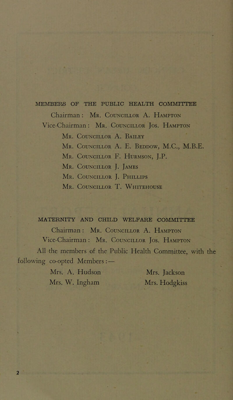 MEMBERS OF THE PUBLIC HEALTH COMMITTEE Chairman: Mr. Councillor A. Hampton Vice-Chairman: Mr. Councillor Jos. Hampton Mr. Councillor A. Bailey Mr. Councillor A. E. Beddow, M.C., M.B.E. Mr. Councillor F. Hurmson, J.P. Mr. Councillor J. James Mr. Councillor J. Phillips Mr. Councillor T. Whiterouse MATERNITY AND CHILD WELFARE COMMITTEE Chairman: Mr. Councillor A. Hampton Vice-Chairman: Mr. Councillor Jos. Hampton All the members of the Public Health Comrnittee, with the following co-opted Members : — Mrs. A. Hudson Mrs. W. Ingham Mrs. Jackson Mrs. Hodgkiss