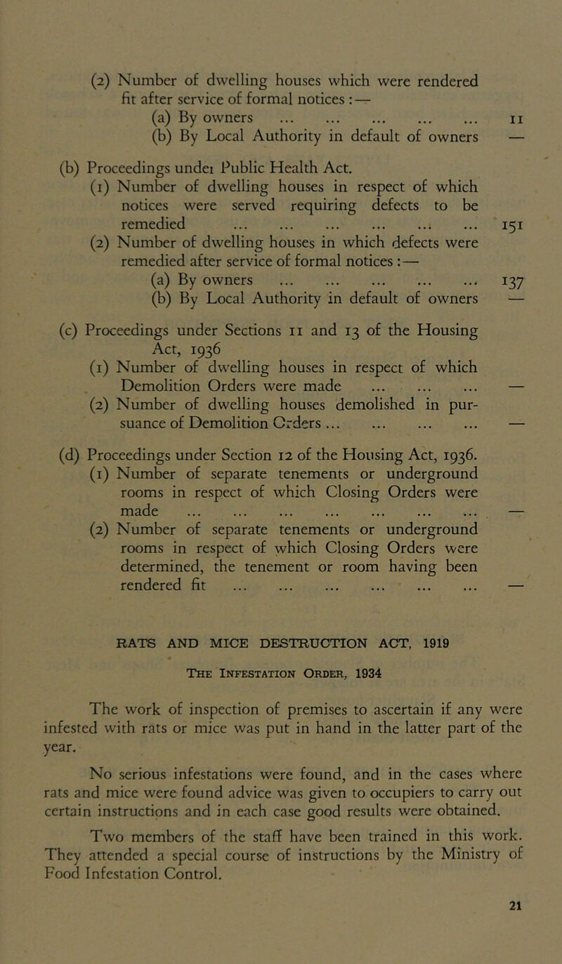 (a) Number of dwelling houses which were rendered fit after service of formal notices : — (a) By owners n (b) By Local Authority in default of owners — (b) Proceedings undei Public Health Act. (1) Number of dwelling houses in respect of which notices were served requiring defects to be remedied 151 (2) Number of dwelling houses in which defects were remedied after service of formal notices : — (a) By owners 137 (b) By Local Authority in default of owners — (c) Proceedings under Sections ii and 13 of the Housing Act, 1936 (1) Number of dwelling houses in respect of which Demolition Orders were made — (2) Number of dwelling houses demolished in pur- suance of Demolition Orders — (d) Proceedings under Section 12 of the Housing Act, 1936. (1) Number of separate tenements or underground rooms in respect of which Closing Orders were made — (2) Number of separate tenements or underground rooms in respect of which Closing Orders were determined, the tenement or room having been rendered fit — RATS AND MICE DESTRUCTION ACT, 1919 The Infestation Order, 1934 The work of inspection of premises to ascertain if any were infested with rats or mice was put in hand in the latter part of the year. No serious infestations were found, and in the cases where rats and mice were found advice was given to occupiers to carry out certain instructions and in each case good results were obtained. Two members of the staff have been trained in this work. They attended a special course of instructions by the Ministry of Food Infestation Control.