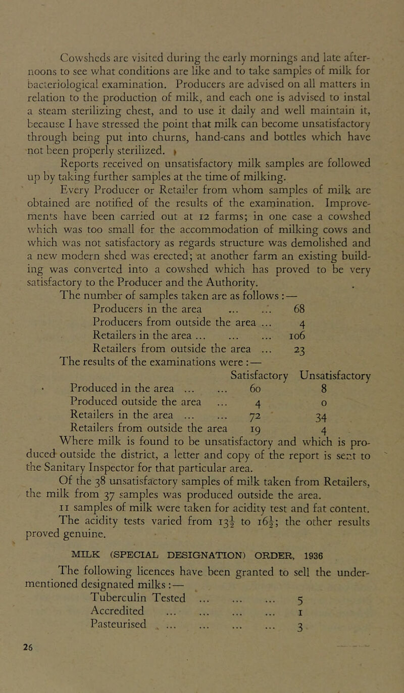 Cowsheds are visited during the early mornings and late after- noons to see what conditions are like and to take samples of milk for bacteriological examination. Producers are advised on all matters in relation to the production of milk, and each one is advised to instal a steam sterilizing chest, and to use it daily and well maintain it, because I have stressed the point that milk can become unsatisfactory through being put into churns, hand-cans and bottles which have not been properly sterilized. » Reports received on unsatisfactory milk samples are followed up by taking further samples at the time of milking. Every Producer or Retailer from whom samples of milk are obtained are notified of the results of the examination. Improve- ments have been carried out at 12 farms; in one case a cowshed which was too small for the accommodation of milking cows and which was not satisfactory as regards structure was demolished and a new modern shed was erected; at another farm an existing build- ing was converted into a cowshed which has proved to be very satisfactory to the Producer and the Authority. The number of samples taken are as follows : — Producers in the area 68 Producers from outside the area ... 4 Retailers in the area 106 Retailers from outside the area ... 23 The results of the examinations were : — Satisfactory Unsatisfactory • Produced in the area 60 8 Produced outside the area ... 4 o Retailers in the area 72 34 Retailers from outside the area 19 4 Where milk is found to be unsatisfactory and which is pro- duced outside the district, a letter and copy of the report is sent to the Sanitary Inspector for that particular area. Of the 38 unsatisfactory samples of milk taken from Retailers, the milk from 37 samples was produced outside the area. 11 samples of milk were taken for acidity test and fat content. The acidity tests varied from 13^ to 16^; the other results proved genuine. MILK (SPECIAL DESIGNATION) ORDER, 1936 The following licences have been granted to sell the under- mentioned designated milks: — Tuberculin Tested 5 Accredited i Pasteuri.sed 2