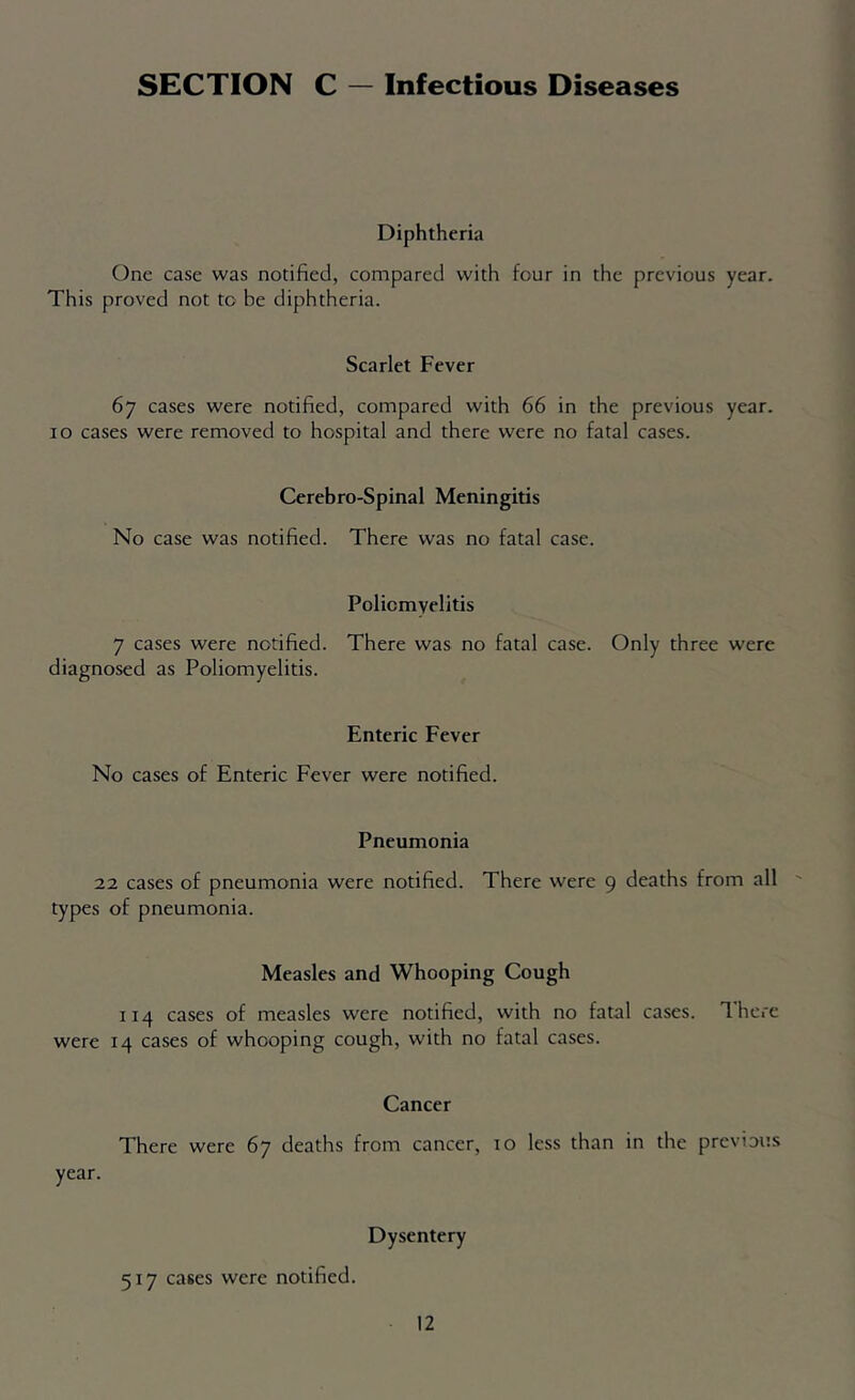 SECTION C — Infectious Diseases Diphtheria One case was notified, compared with four in the previous year. This proved not to be diphtheria. Scarlet Fever 67 cases were notified, compared with 66 in the previous year. 10 cases were removed to hospital and there were no fatal cases. Cerebro-Spinal Meningitis No case was notified. There was no fatal case. Poliomyelitis 7 cases were notified. There was no fatal case. Only three were diagnosed as Poliomyelitis. Enteric Fever No cases of Enteric Fever were notified. Pneumonia 22 cases of pneumonia were notified. There were 9 deaths from all types of pneumonia. Measles and Whooping Cough 114 cases of measles were notified, with no fatal cases. There were 14 cases of whooping cough, with no fatal cases. Cancer There were 67 deaths from cancer, 10 less than in the previous year. Dysentery 517 cases were notified.
