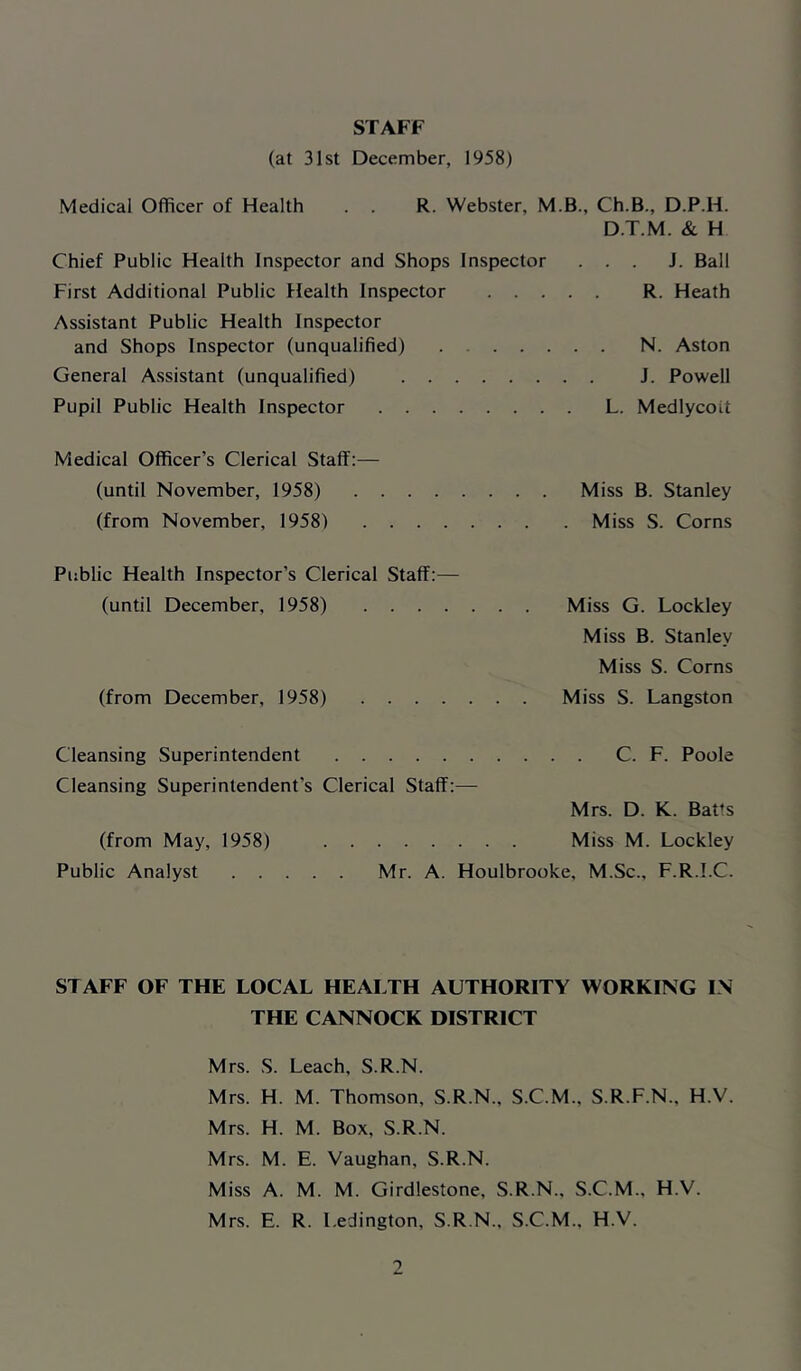 STAFF (at 31st December, 1958) Medical Officer of Health . . R. Webster, M.B., Ch.B., D.P.H. D.T.M. & H Chief Public Health Inspector and Shops Inspector ... J. Ball First Additional Public Health Inspector R. Heath Assistant Public Health Inspector and Shops Inspector (unqualified) N. Aston General Assistant (unqualified) J. Powell Pupil Public Health Inspector L. Medlycoit Medical Officer’s Clerical Staff:— (until November, 1958) Miss B. Stanley (from November, 1958) Miss S. Corns Public Health Inspector’s Clerical Staff:— (until December, 1958) Miss G. Lockley Miss B. Stanley Miss S. Corns (from December, 1958) Miss S. Langston Cleansing Superintendent C. F. Poole Cleansing Superintendent’s Clerical Staff:— Mrs. D. K. Batts (from May, 1958) Miss M. Lockley Public Analyst Mr. A. Houlbrooke, M.Sc., F.R.I.C. STAFF OF THE LOCAL HEALTH AUTHORITY WORKING IN THE CANNOCK DISTRICT Mrs. S. Leach, S.R.N. Mrs. H. M. Thomson, S.R.N., S.C.M., S.R.F.N., H.V. Mrs. H. M. Box, S.R.N. Mrs. M. E. Vaughan, S.R.N. Miss A. M. M. Girdlestone, S.R.N., S.C.M.. H.V. Mrs. E. R. l.edington, S.R.N.. S.C.M., H.V. o