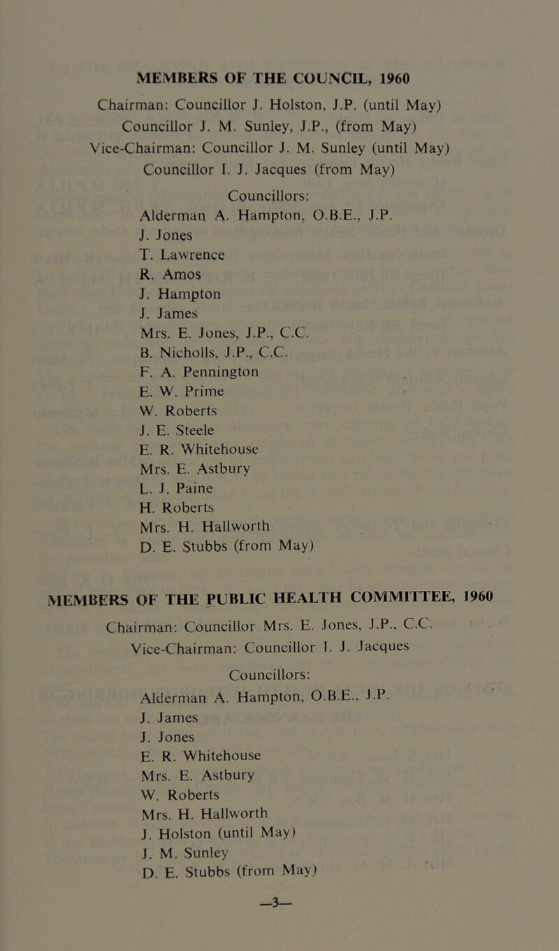 MEMBERS OF THE COUNCIL, 1960 Chairman: Councillor J. Holston, J.P. (until May) Councillor J. M. Sunley, J.P., (from May) Vice-Chairman: Councillor J. M. Sunley (until May) Councillor 1. J. Jacques (from May) Councillors: Alderman A. Hampton, O.B.E., J.P, J. Jones T. Lawrence R. Amos J. Hampton J. James Mrs. E. Jones, J.P., C.C. B. Nicholls, J.P., C.C. F. A. Pennington E. W. Prime W. Roberts J. E. Steele E. R. Whitehouse Mrs. E. Astbury L. J. Paine H. Roberts Mrs. H. Hallworth D. E. Stubbs (from May) MEMBERS OF THE PUBLIC HEAL! H COMMITTEE, I960 Chairman: Councillor Mrs. E. Jones, J.P., C.C. Vice-Chairman; Councillor I. J. Jacques Councillors: Alderman A. Hampton. O.B.E., J.P. J. James J. Jones E. R. Whitehouse Mrs. E. Astbury VV. Roberts Mrs. H. Hallworth J. Holston (until May) J. M. Sunley D. E. Stubbs (from May) —3—