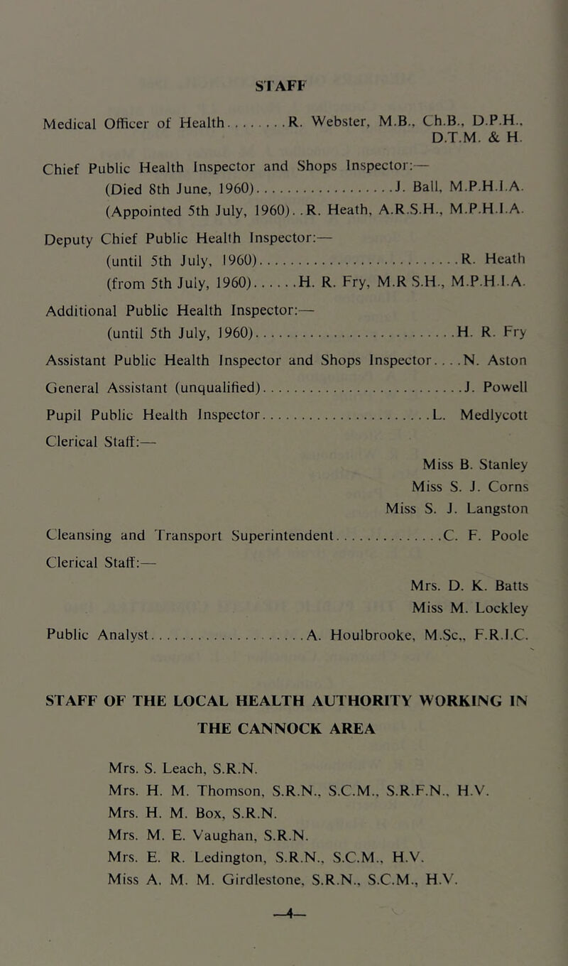 S I AFF Medical Officer of Health R. Webster, M.B.. Ch.B., D.P.H.. D.T.M. & H. Chief Public Health Inspector and Shops Inspector;— (Died 8th June, 1960) J. Ball, M.P.H.I.A. (Appointed 5th July, 1960)..R. Heath, A.R.S.H., M.P.H.I.A. Deputy Chief Public Health Inspector;— (until 5th July, I960) R. Heath (from 5th July, 1960) H. R. Fry, M.R S.H., M.P.H.I.A. Additional Public Health Inspector;— (until 5th July, I960) H. R. Fry Assistant Public Health Inspector and Shops Inspector... .N. Aston General Assistant (unqualified) J. Powell Pupil Public Health Inspector L. Medlycott Clerical Stalf;— Miss B. Stanley Miss S. J. Corns Miss S. J. Langston Cleansing and Transport Superintendent C. F. Poole Clerical Staff;— Mrs. D. K. Batts Miss M. Lockley Public Analyst A. Houlbrooke, M.Sc„ F.R.I.C. STAFF OF THE LOCAL HEALTH AUTHORITY WORKING IN THE CANNOCK AREA Mrs. S. Leach, S.R.N. Mrs. H. M. Thomson, S.R.N., S.C.M., S.R.F.N., H.V. Mrs. H. M. Box, S.R.N. Mrs. M. E. Vaughan, S.R.N. Mrs. E. R. Ledington, S.R.N., S.C.M., H.V. Miss A. M. M. Girdlestone, S.R.N., S.C.M., H.V. -4-