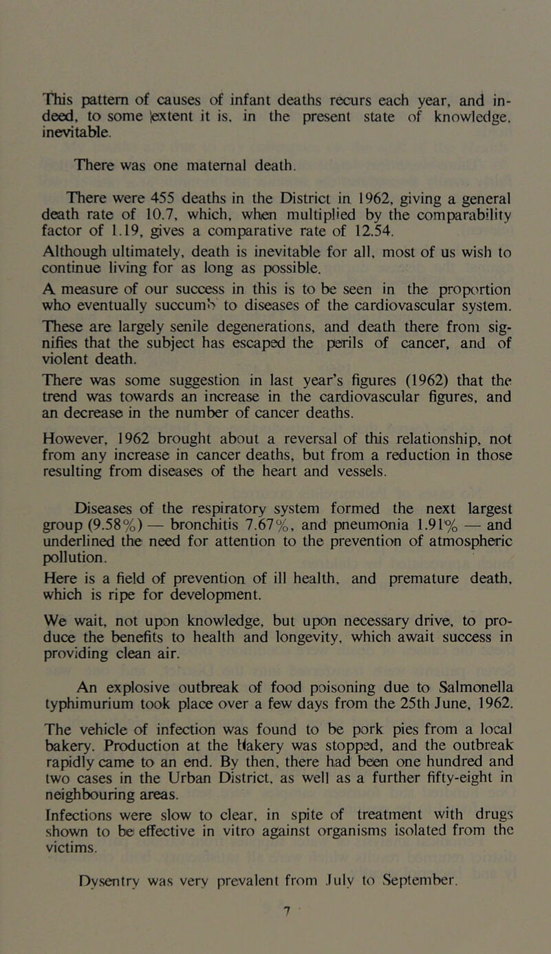This pattern of causes of infant deaths recurs each year, and in- deed, to some lextent it is, in the present state of knowledge, inevitable. There was one maternal death. There were 455 deaths in the District in 1962, giving a general death rate of 10.7, which, when multiplied by the comparability factor of 1.19, gives a comparative rate of 12.54. Although ultimately, death is inevitable for all, most of us wish to continue living for as long as possible. A measure of our success in this is to be seen in the propc^rtion who eventually succumb' to diseases of the cardiovascular system. These are largely senile degenerations, and death there from sig- nifies that the subject has escaped the perils of cancer, and of violent death. There was some suggestion in last year’s figures (1962) that the trend was towards an increase in the cardiovascular figures, and an decrease in the number of cancer deaths. However, 1962 brought about a reversal of this relationship, not from any increase in cancer deaths, but from a reduction in those resulting from diseases of the heart and vessels. Diseases of the respiratory system formed the next largest group (9.58%) — bronchitis 7.67%, and pneumonia 1.91% — and underlined the need for attention to the prevention of atmospheric pollution. Here is a field of prevention of ill health, and premature death, which is ripe for development. We wait, not upon knowledge, but upon necessary drive, to pro- duce the benefits to health and longevity, which await success in providing clean air. An explosive outbreak of food poisoning due to Salmonella typhimurium took place over a few days from the 25th June, 1962. The vehicle of infection was found to be pork pies from a local bakery. Production at the bakery was stopped, and the outbreak rapidly came to an end. By then, there had been one hundred and two cases in the Urban District, as well as a further fifty-eight in neighbouring areas. Infections were slow to clear, in spite of treatment with drugs shown to be effective in vitro against organisms isolated from the victims. Dy.sentry was very prevalent from July to September.