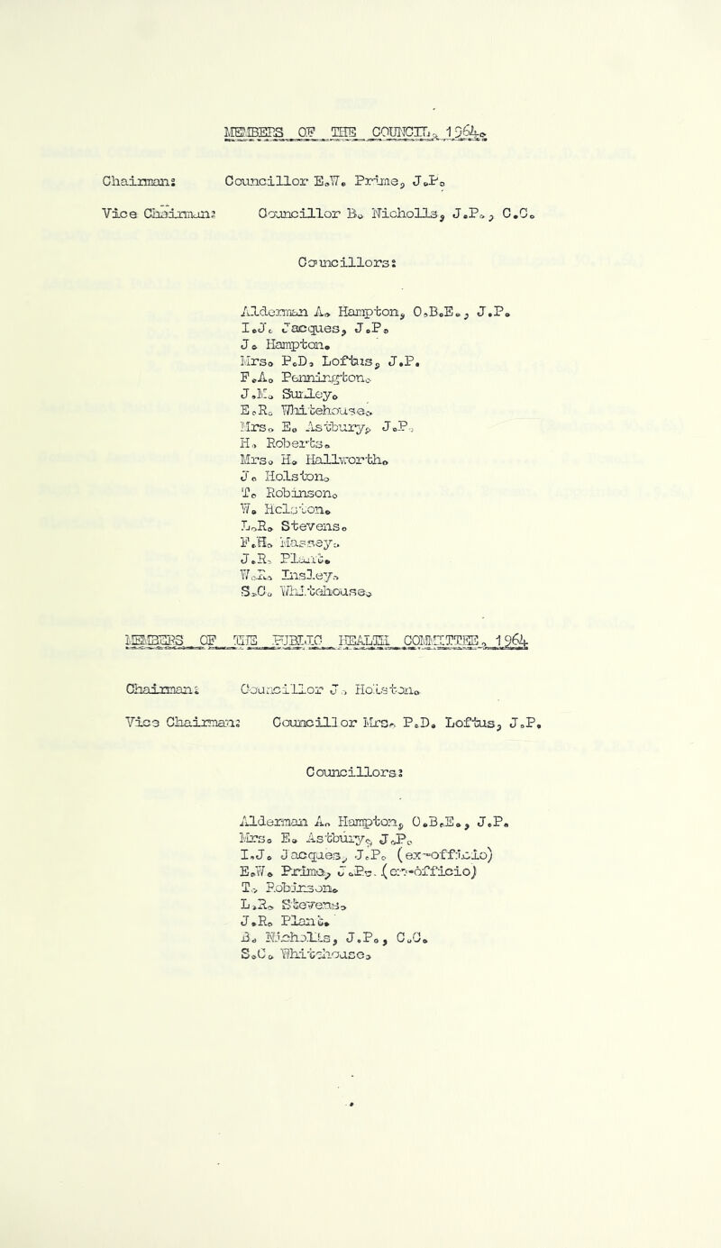 m.IBEF.S _ 0:P TSB G,CTOjClTi:.^_i2^<> Chaiimons Councillox* Prtrflep JePo Vice Chairmans Councillor Bo EichollSp JePcp C.Oo CcmcillorsJ /ildenrian A» Hasaptonp OsBoE^p J.P* IcJt PacgueSp JcPo J o Hampton® Ivlrso PcDa LoftuSp J»P. EeAo Pennington^ J<,Mo SinJ-oyo Ec-Ro Yftii'tehouoec, HrSo Eo Astbury-p JoP^ H, Roberts® Mrso E® Hallvror-bho Jc Eolstoiio Tc. Robinsono Y/» Hclston® LoRo Stevenso EtHo Masseyc. J eR-i PlcXilOo Vol.. Ins3-ey. B^Do YAH.tehouseo lIHvEERS OF UTS FJBI.TO liEALm .(X)Mv!ITVEE o 1964 Chaimani CouL'ici'ilor Jo Ho'lstono. Vies Chairmans Councillor IvLraf-. P*D, Loftusp JoP« Councillorss illdermon A® Hampton^ O^B^E®, J,P» Ivirso E» Astbiixy-- J^Po I, J® Jaoquesp J^Po (ex'“Off:Tnio) EeY/® Prima^ J op's. ^ ei-a-oPf icio j lo Robins on® L »Rc Stevens^ J, Ro Plan ili® jia Hi-cholisp J.Po, CoO® S®Co, IhitolaoasGo