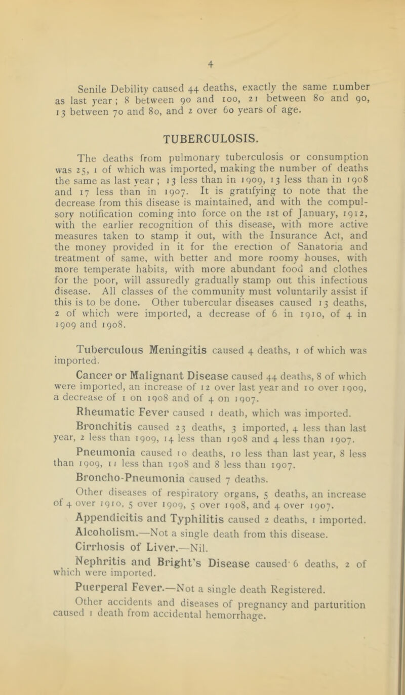 Senile Debility caused 4+ deaths, exactly the same number as last year; 8 between go and 100, 21 between 80 and go, 13 between 70 and 80, and 2 over 60 years of age. TUBERCULOSIS. The deaths from pulmonary tuberculosis or consumption was 25, 1 of which was imported, making the number of deaths the same as last year; 13 less than in jgog, 13 less than in igo8 and 17 less than in igo7. It is gratifying to note that the decrease from this disease is maintained, and with the compul- sory notification coming into force on the ist of January, igi2, with the earlier recognition of this disease, with more active measures taken to stamp it out, with the Insurance Act, and the money provided in it for the erection of Sanatoria and treatment of same, with better and more roomy houses, with more temperate habits, with more abundant food and clothes for the poor, will assuredly gradually stamp out this infectious disease. All classes of the community must voluntarily assist if this is to be done. Other tubercular diseases caused 13 deaths, 2 of which were imported, a decrease of 6 in igio, of 4 in igog and igo8. Tuberculous Meningitis caused 4 deaths, i of which was imported. Cancer or Malignant Disease caused 44 deaths, 8 of which were imported, an increase of 12 over last year and 10 over igog, a decrease of i on igo8 and of 4 on igo7. Rheumatic Fever caused i death, which was imported. Bronchitis caused 23 deaths, 3 imported, 4 less than last year, 2 less than igog, 14 less than igo8 and 4 less than igo7. Pneumonia caused 10 deaths, 10 less than last year, 8 less than igog, n less than igo8 and 8 less than igo7. Broncho-Pneumonia caused 7 deaths. Other diseases of respiratory organs, 5 deaths, an increase of + over igio, 5 over igog, 5 over igo8, and 4 over igoy. Appendicitis and Typhilitis caused 2 deaths, i imported. Alcoholism.—Not a single death from this disease. Cirrhosis of Liver.—Nil. Nephritis and Bright's Disease caused' 6 deaths, 2 of which were imported. Puerperal Fever.—Not a single death Registered. Other accidents and diseases of pregnancy and parturition caused 1 death from accidental hemorrhage.