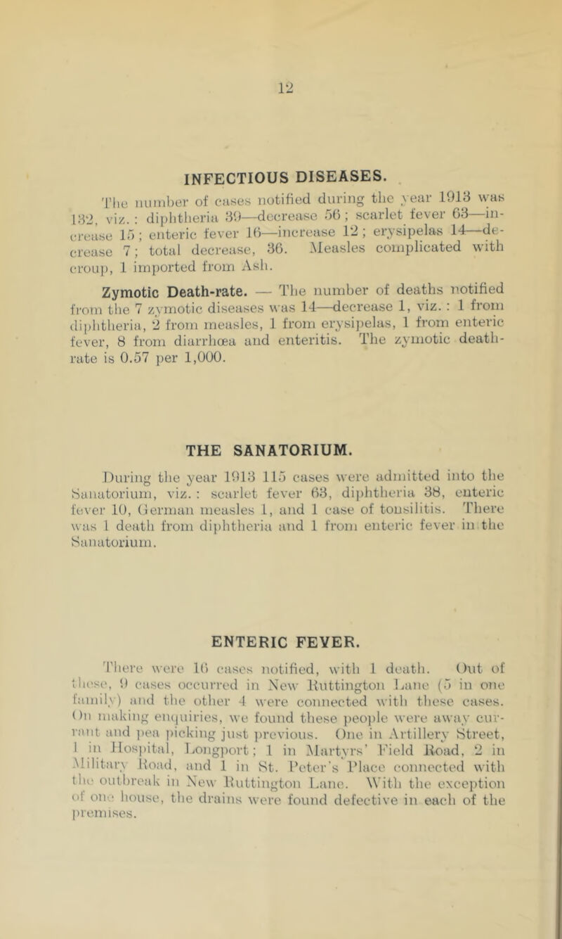 INFECTIOUS DISEASES. The ninnber of cases notified during the year 1018 was 182, viz.; diphtlieria 80—decrease 56; scarlet fever 08—in- erease 15; enteric fever 16—increase 12; erysipelas 14—de- crease 7; total decrease, 80. Measles complicated with croup, 1 imported from Ash. Zymotic Death-rate. — The number of deaths notified fi'om the 7 zymotic diseases was 14—decrease 1, viz.; 1 from diphtheria, 2 from measles, 1 from erysi])elas, 1 from enteric fever, 8 from diarrhoea and enteritis. The zymotic death- rate is 0.57 ])er 1,000. THE SANATORIUM. During the year 1018 115 cases were admitted into the Sanatorium, viz. : scarlet fever 68, diphtheria 88, enteric fever 10, (ierman measles 1, and 1 case of tonsilitis. There was 1 death from diphtheria and 1 from enteric fever in the Sanatorium. ENTERIC FEVER. 'There were 16 cases notified, with 1 death. Out of thes(', 6 eases occurred in Now lluttington Lane (5 in one family) and the other 4 were connected with these cases. On making eiupiiries, we found these peo])le were away cur- rant :ind ])ea picking just previous. One in Artillei’y Street, 1 in JIos])itai, Longport; 1 in Martyrs’ h'ield lioad, 2 in Military Hoad, and 1 in St. Heter’s Place connected with tlu> outbreak in New Huttington Lane. With the exception ot one house, the drains were found defective in each of the l)re.nnses.