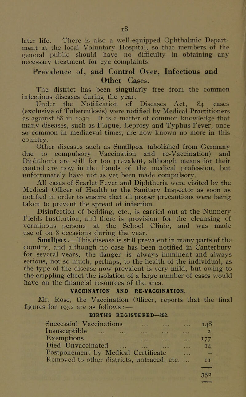 later life. There is also a well-equipped Ophthalmic Depart- ment at the local Voluntary Hospital, so that members of the general public should have no difficulty in obtaining any necessary treatment for eye complaints. Prevalence of, and Control Over, Infectious and Other Cases. The district has been singularly free from the common infectious diseases during the year. Under the Notification of Diseases Act, 84 cases (exclusive of Tuberculosis) were notified by Medical Practitioners as against 88 in 1932. It is a matter of common knowledge that many diseases, such as Plague, Ueprosy and Typhus Fever, once so common in mediaeval times, are now known no more in this country. Other diseases such as Smallpox (abolished from Germany due to compulsory Vaccination and re-Vaccination) and Diphtheria are still far too prevalent, although means for their control are now in the hands of the medical profession, but i\nfortunately have not as yet been made compulsory. All cases of Scarlet Fever and Diphtheria were visited by the Medical Officer of Health or the Sanitary Inspector as soon as notified in order to ensure that all proper precautions were being taken to prevent the spread of infection. Disinfection of bedding, etc., is carried out at the Nunnery Fields Institution, and there is provision for the cleansing of verminous persons at the School Clinic, and was made use of on 8 occasions during the year. Smallpox.—This disease is still prevalent in many parts of the country, and although no case has been notified in Canterbury for several years, the danger is alwa5's imminent and always serious, not so much, perhaps, to the health of the individual, as the type of the disease now prevalent is very mild, but owing to the crippling effect the isolation of a large number of cases would have on the financial resources of the area. VACCINATION AND RE-VACCINATION. Mr. Rose, the Vaccination Officer, reports that the final figures for 1932 are as follows : — BIRTHS REGISTERED—352. Successful Vaccinations Insusceptible Exemptions Died Unvaccinated Postponement by Medical Certificate Removed to other districts, untraced, etc. 148 II 2 352