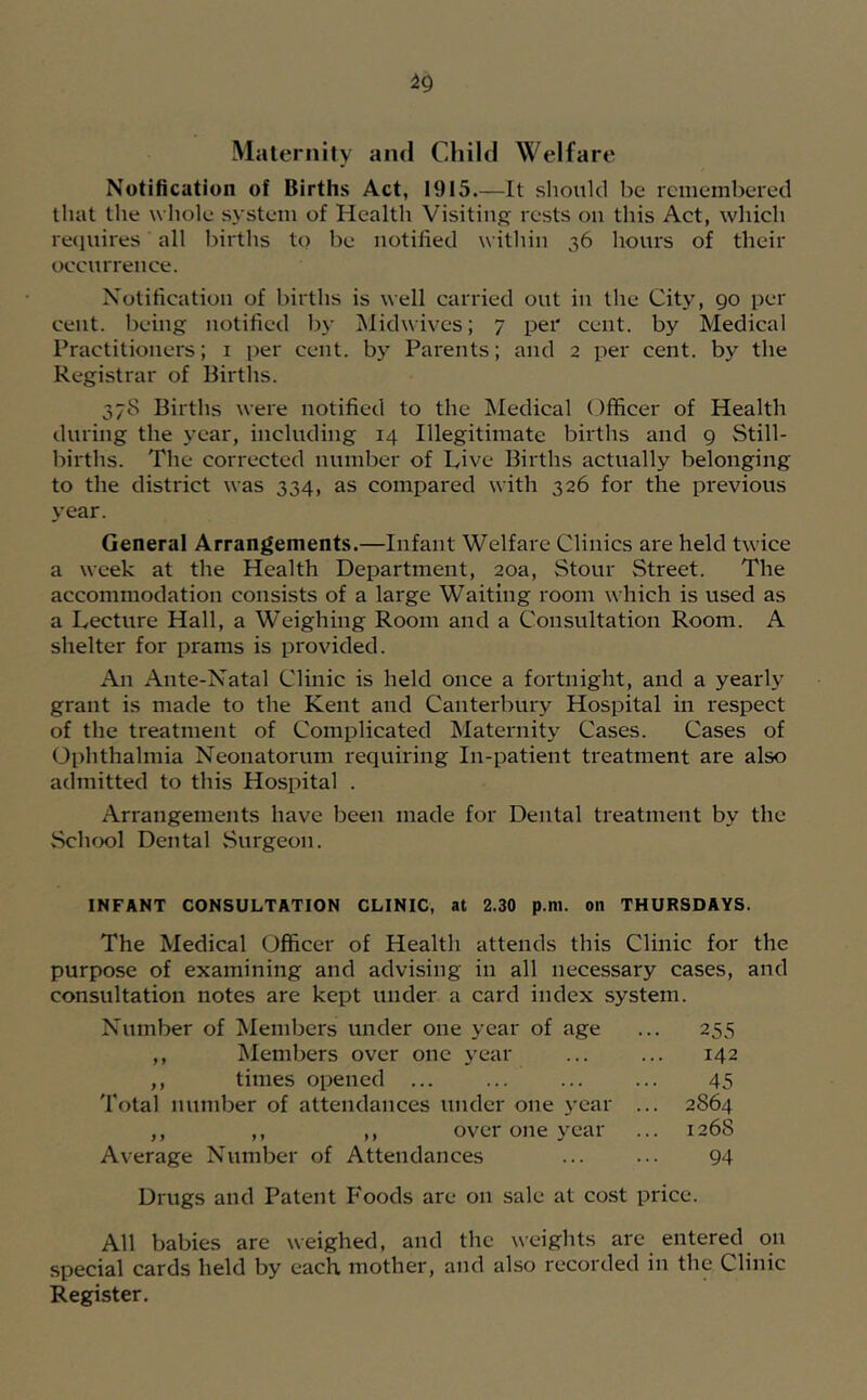 Malernity and Child Welfare Notificution of Births Act, 1915.—It should be remembered that the whole system of Health Visiting rests on this Act, which re(inires all births to be notified within 36 hours of their occurrence. Notification of births is well carried out in the City, 90 per cent, being notified by Midwives; 7 per cent, by Medical Practitioners; i per cent, by Parents; and 2 per cent, by the Registrar of Births. 378 Births were notified to the Medical Officer of Health during the year, including 14 Illegitimate births and 9 Still- births. The corrected number of Live Births actually belonging to the district was 334, as compared with 326 for the previous year. General Arrangements.—Infant Welfare Clinics are held twice a week at the Health Department, 20a, Stour Street. The accommodation consists of a large Waiting room which is used as a Lecture Hall, a Weighing Room and a Consultation Room. A shelter for prams is provided. An Ante-Natal Clinic is held once a fortnight, and a yearly grant is made to the Kent and Canterbury Hospital in respect of the treatment of Complicated Maternity Cases. Cases of (Jphthalmia Neonatorum requiring In-patient treatment are also admitted to this Hospital . Arrangements have been made for Dental treatment by the School Dental vSurgeon. INFANT CONSULTATION CLINIC, at 2.30 p.ni. on THURSDAYS. The Medical Officer of Health attends this Clinic for the purpose of examining and advising in all necessary cases, and consultation notes are kept under a card index system. Number of Members under one year of age ... 255 ,, Members over one year ... ... 142 ,, times opened ... ... ... ... 45 Total number of attendances under one year ... 2864 ,, ,, ,, over one year ... 1268 Average Number of Attendances ... ... 94 Drugs and Patent P'oods are on sale at cost price. All babies are weighed, and the weights are entered on special cards held by each mother, and also recorded in the Clinic Register.