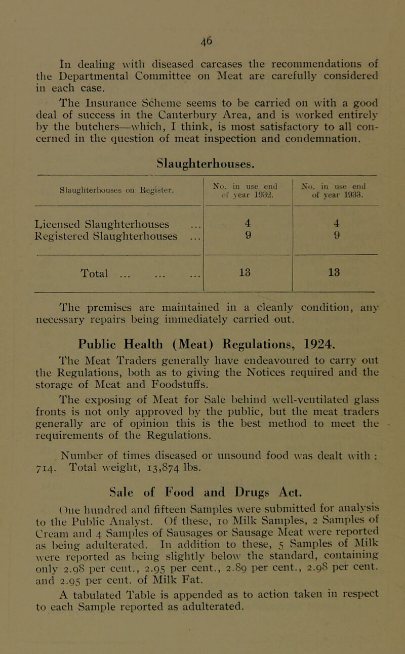 111 dealing with diseased carcases the recommendations of tlie Departmental Committee on Meat are carefully considered in each case. The Insurance Scheme seems to be carried on with a good deal of success in the Canterbury Area, and is worked entirely by the butchers—which, I think, is most satisfactory to all con- cerned in the question of meat inspection and condemnation. Slaughterhouses. Slaughterhouses on liegister. No. in use ciul of year lOSll. No. ill use end of year 1933. lyicemsed Slaughterhouses 4 4 Registered Slaughterhouses ... 9 9 Total ... 13 13 The premises are maintained in a cleanly condition, any necessary repairs being immediately carried out. Public Health (Meat) Regulations, 1924. The Meat Traders generally have endeavoured to carry out the Regulations, both as to giving the Notices required and the storage of ]\Ieat and Foodstuffs. The exixising of Meat for Sale behind well-ventilated glass fronts is not only approved by the public, but the meat traders generally are of opinion this is the best method to meet the - requirements of the Regulations. Number of times diseased or unsound food was dealt with : 714. Total weight, 13,874 lbs. Sale of Food and Drugs Act. ()ne hundred and fifteen Samples were submitted for analysis to the Public Analyst. Of these, 10 Milk Samples, 2 Samples of Cream and 4 Samples of Sausages or vSausage ]^Ieat were reported as being adulterated. In addition to these, 5 Samples of iMilk were reported as being slightly below the standard, containing only 2.98 per cent., 2.95 per cent., 2.89 per cent., 2.98 per cent, and 2.95 per cent, of Milk Fat. A tabulated Table is appended as to action taken in respect to each Sample reported as adulterated.