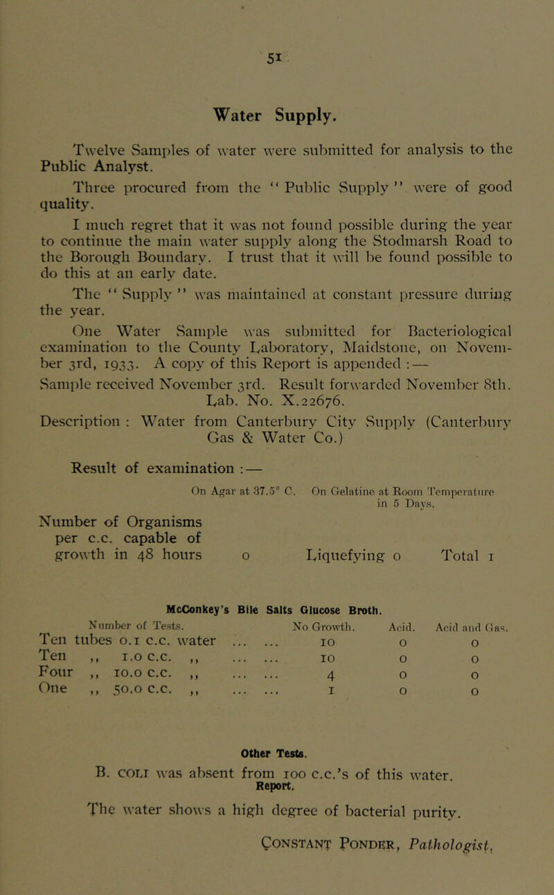 Water Supply. Twelve .Samples of water were submitted for analysis to the Public Analyst. Three procured from the “ Public Supply ” were of good quality. I much regret that it was not found possible during the year to continue the main water supply along the Stodmarsh Road to the Borough Boundary. I trust that it will be found possible to do this at an early date. The “ .Supply ” was maintained at constant pressure durii^g the year. One Water .Sample was sul^mitted for Bacteriological examination to the County Laboratory, IMaidstone, on Novem- ber 3rd, 1933. A copy of this Report is appended : — .Sample received November 3rd. Result forwarded November 8th. Lab. No. X.22676. Description : Water from Canterbury City .Supply (Canterbury Gas & Water Co.) Result of examination ; — On Agar at 37..5° C. On Gelatine at Room I’emperatnro in 5 Pay.s. Number of Organisms per c.c. capable of growth in 48 hours 0 Liquefying 0 Total T McConkey's Bile Salts Glucose Broth. Number of Tests. No Growth. Acid. Acid and Gas. Ten tubes o.t c.c. water TO 0 0 Ten ,, i.o c.c. ,, TO 0 0 Four ,, lo.o c.c. ,, • » • 4 0 0 One ,, 50.0 c.c. ,, . . . I 0 0 Other Tests. B. coij was absent from too c.c.’s of this water. Report. The water shows a high degree of bacterial purity. Constant Ponder, Pathologist,