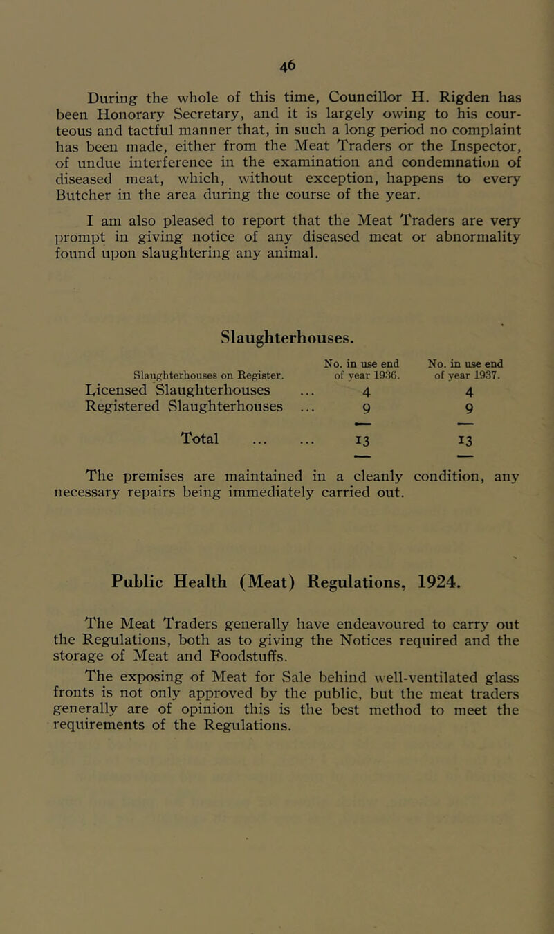 During the whole of this time, Councillor H. Rigden has been Honorary Secretary, and it is largely owing to his cour- teous and tactful manner that, in such a long period no complaint has been made, either from the Meat Traders or the Inspector, of undue interference in the examination and condemnation of diseased meat, which, without exception, happens to every Butcher in the area during the course of the year. I am also pleased to report that the Meat Traders are very prompt in giving notice of any diseased meat or abnormality found upon slaughtering any animal. Slaughterhouses. Slaughterhouses on Eegister. Licensed Slaughterhouses Registered vSlaughterhouses No. in use end of year 1936. 4 9 Total 13 No. in use end of year 1937. 4 9 13 The premises are maintained in a cleanly condition, any necessary repairs being immediately carried out. Public Health (Meat) Regulations, 1924. The Meat Traders generally have endeavoured to carry out the Regulations, both as to giving the Notices required and the storage of Meat and Foodstuffs. The exposing of Meat for Sale behind well-ventilated glass fronts is not only approved by the public, but the meat traders generally are of opinion this is the best method to meet the requirements of the Regulations.