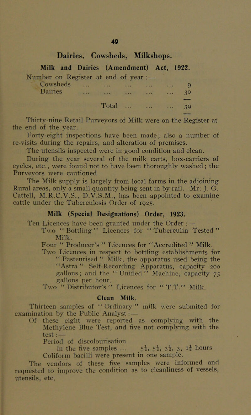 Dairies, Cowsheds, Milkshops. Milk and Dairies (Amendment) Act, 1922. Number on Register at end of year : — Cowsheds Dairies 9 30 Total 39 Thirty-nine Retail Purveyors of Milk were on the Register at the end of the year. Forty-eight inspections have been made; also a number of re-visits during the repairs, and alteration of premises. The utensils inspected were in good condition and clean. During the year several of the milk carts, box-carriers of cycles, etc., were found not to have been thoroughly washed ; the Purveyors were cautioned. The Milk supply is largely from local farms in the adjoining Rural areas, only a small quantity being sent in by rail. Mr. J. G. Cattell, M.R.C.V.S., D.V.S.M., has been appointed to examine cattle under the Tuberculosis Order of 1925. Milk (Special Designations) Order, 1923. Ten Licences have been granted under the Order : — Two “ Bottling ” Licences for “ Tuberculin Tested ” Milk. Four “ Producer’s ” Licences for “Accredited ’’ Milk. Two Licences in respect to bottling establishments for “ Pasteurised ’’ Milk, the apparatus used being the “Astra ’’ vSelf-Recording Apparatus, capacity 200 gallons; and the “Unified” Machine, capacity 75 gallons per hour. Two “Distributor’s” Licences for “ T.T.” Milk. Clean Milk. Thirteen samples of “ Ordinary ” milk were submited for examination by the Public Analyst: — Of these eight were reported as complying with the Methylene Blue Test, and five not complying with the test: — Period of discolourisation in the five samples ... 5i, 5^, 3^, 3. hours Coliform bacilli were present in one sample. The vendors of these five samples were informed and requested to improve the condition as to cleanliness of vessels, utensils, etc,