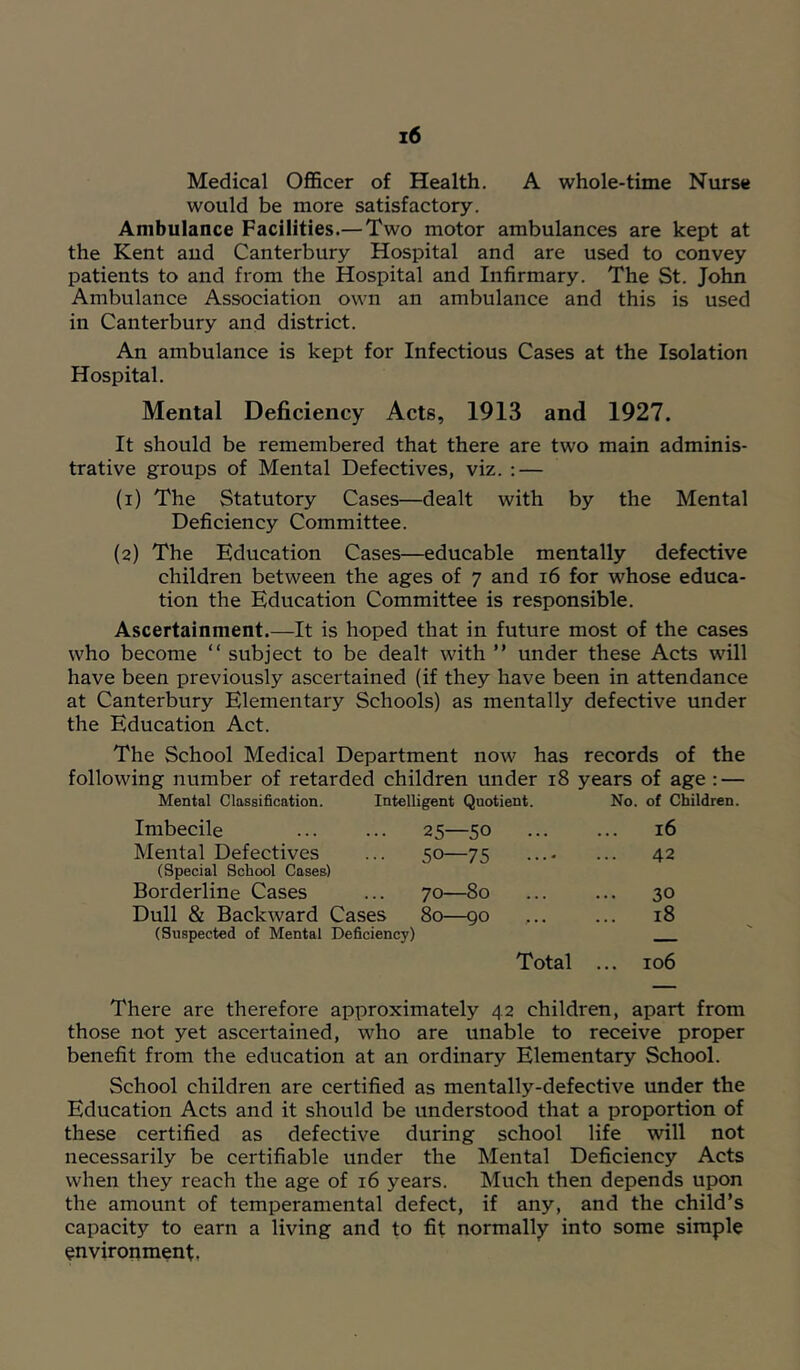 Medical OflScer of Health. A whole-time Nurse would be more satisfactory. Ambulance Facilities.— Two motor ambulances are kept at the Kent and Canterbury Hospital and are used to convey patients to and from the Hospital and Infirmary. The St. John Ambulance Association own an ambulance and this is used in Canterbury and district. An ambulance is kept for Infectious Cases at the Isolation Hospital. Mental Deficiency Acts, 1913 and 1927. It should be remembered that there are two main adminis- trative groups of Mental Defectives, viz. : — (1) The Statutory Cases—dealt with by the Mental Deficiency Committee. (2) The Education Cases—educable mentally defective children between the ages of 7 and 16 for whose educa- tion the Education Committee is responsible. Ascertainment.—It is hoped that in future most of the cases who become “ subject to be dealt with ” under these Acts will have been previously ascertained (if they have been in attendance at Canterbury Elementary Schools) as mentally defective under the Education Act. The School Medical Department now has records of the following number of retarded children under 18 years of age : — Mental Classification. Intelligent Quotient. No. of Children. Imbecile ... ... 25—50 Mental Defectives ... 50—75 .... (Special School Cases) Borderline Cases ... 70—80 Dull & Backward Cases 80—90 (Suspected of Mental Deficiency) Total 16 42 30 18 106 There are therefore approximately 42 children, apart from those not yet ascertained, who are unable to receive proper benefit from the education at an ordinary Elementary School. School children are certified as mentally-defective under the Education Acts and it should be understood that a proportion of these certified as defective during school life will not necessarily be certifiable under the Mental Deficiency Acts when they reach the age of 16 years. Much then depends upon the amount of temperamental defect, if any, and the child’s capacity to earn a living and to fit normally into some simple environment,