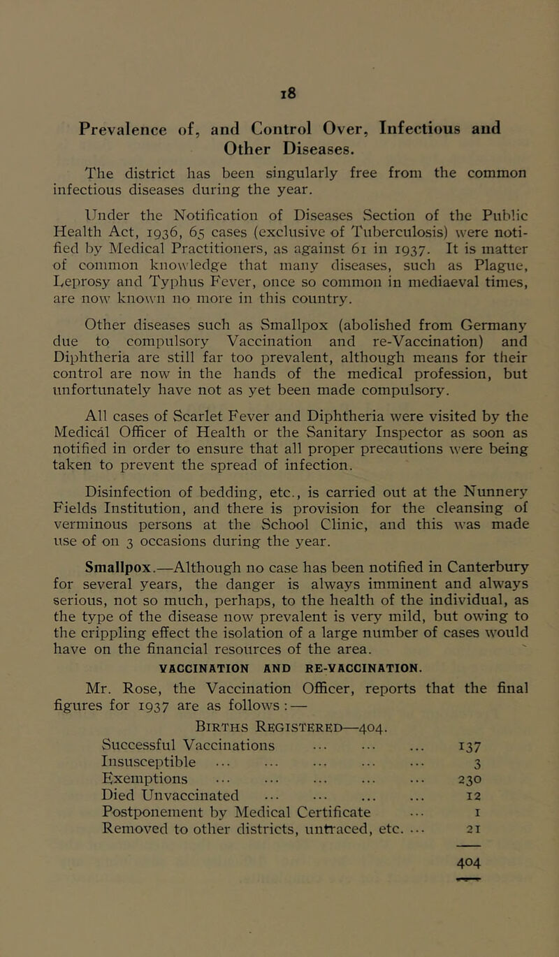 Prevalence of, and Control Over, Infectious and Other Diseases. The district has been singularly free from the common infectious diseases during the year. Under the Notification of Diseases .Section of the Public Health Act, 1936, 65 cases (exclusive of Tuberculosis) were noti- fied by Medical Practitionei's, as against 61 in 1937. It is matter of common knowledge that many diseases, such as Plague, Leprosy and Typhus Fever, once so common in mediaeval times, are now known no more in this country. Other diseases such as Smallpox (abolished from Germany due to compulsory Vaccination and re-Vaccination) and Diphtheria are still far too prevalent, although means for their control are now in the hands of the medical profession, but Tuifortunately have not as yet been made compulsory. All cases of Scarlet Fever and Diphtheria were visited by the Medical Officer of Health or the Sanitary Inspector as soon as notified in order to ensure that all proper precautions were being taken to prevent the spread of infection. Disinfection of bedding, etc., is carried out at the Nunnery Fields Institution, and there is provision for the cleansing of verminous persons at the School Clinic, and this was made use of on 3 occasions during the year. Smallpox.—Although no case has been notified in Canterbury for several years, the danger is always imminent and always serious, not so much, perhaps, to the health of the individual, as the type of the disease now prevalent is very mild, but owing to the crippling effect the isolation of a large number of cases would have on the financial resources of the area. VACCINATION AND RE-YACCINATION. Mr. Rose, the Vaccination Officer, reports that the final figures for 1937 are as follows; — Births Registered—404. Successful Vaccinations ••• ... 137 Insusceptible ... ••• 3 Exemptions ••• ••• 230 Died Unvaccinated ••• ••• ... ... 12 Postponement by Medical Certificate ••• i Removed to other districts, untraced, etc. ... 21 404