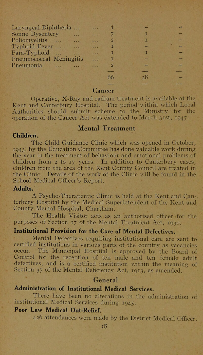 Laryngeal Diphtheria ... ... i Sonne Dysentery ... ... 7 Poliomyelitis ... ... ... 2 Tj^rhoid Fever ... ... ... i Para-Typhoid ... ... ... i Pneumococcal Meningitis ... i Pneumonia ... ... ... 2 66 j 1 I 28 Cancer Operative, X-Ray and radium treatment is available at the Kent and Canterbury Hospital. The period within which Local Authorities should submit scheme to the IMinistry for the operation of the Cancer Act was extended to March 31st, 1947. Mental Treatment Children. The Child Guidance Clinic which was opened in October, 1943, by the Education Committee has done valuable work during the year in the treatment of behaviour and emotional problems of children from 2 to 17 years. In addition to Canterbury cases, children from the area of the Kent County Council are treated in the Clinic. Details of the work of the Clinic will be found in the School Medical Officer’s Report. Adults. A Psycho-Therapeutic Clinic is held at the Kent and Qan-^ terbury Hospital by the Medical Superintendent of the Kent and County Mental Hospital, Chartham. The Health Visitor acts as an authorised officer -for the purposes of Section 17 of the Mental Treatment Act, 1930. Institutional Provision for the Care of Mental Defectives. Mental Defectives requiring institutional care are sent to certified institutions in various itarts of the countrj'’ as vacancies occur. The Municipal Hospital is approved by the Board of Control for the reception of ten male and ten female adult defectives, and is a certified institution within the meaning of Section 37 of the Mental Deficiency Act, 1913, as amended. General Administration of Institutional Medical Services. There have been no alterations in the administration of institutional Medical Services during 1945. Poor Law Medical Out-Relief. 426 attendances were made by the District Medical Officer. iS