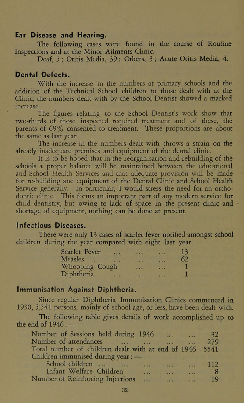 Ear Disease and Hearing. The following cases were found in the course of Routine Inspeaions and at the Minor Ailments Clinic. Deaf, 5 ; Otitis Media, 39; Others, 3 ; Acute Otitis Media, 4. Dental Defects. With the increase in the numbers at primary schools and the addition of the Technical School children to those dealt with at the Clinic, the numbers dealt with by the School Dentist showed a marked increase. The figures relating to the School Dentist’s work show that two-thirds of those inspected required treatment and of these, the parents of 69% consented to treatment. These proportions are about the same as last year. The increase in the numbers dealt with throws a strain on the already inadequate premises and equipment of the dental clinic. It is to be hoped that in the reorganisation and rebuilding of the schools a proper balance will be maintained between the educational and School Health Services and that adequate provision will be made for re-building and equipment of the Dental Clinic and School Health Service generally. In particular, I would stress the need for an ortho- dontic clinic. This forms an important part of any modern service for child dentistry, but owing to lack of space in the present clinic and ' shortage of equipment, nothing can be done at present. Infectious Diseases. There were only 13 cases of scarlet fever notified amongst school children during the year compared with eight last year. Scarlet Fever Measles ... Whooping Cough Diphtheria 13 62 1 1 Immunisation Against Diphtheria. Since regular Diphtheria Immunisation Clinics commenced in 1930, 5,541 persons, mainly of school age, or less, have been dealt with. The following table gives details of work accomplished up to the end of 1946 : — Number of Sessions held during 1946 ... ... 32 Number of attendances ... ... ... ... 279 Total number of children dealt with at end of 1946 5541 Children immunised during year: — Schoolchildren ... ... ... ... ... 112 Infant Welfare Children ... ... ... 8 Number of Reinforcing Injeaions ... ... ... 19
