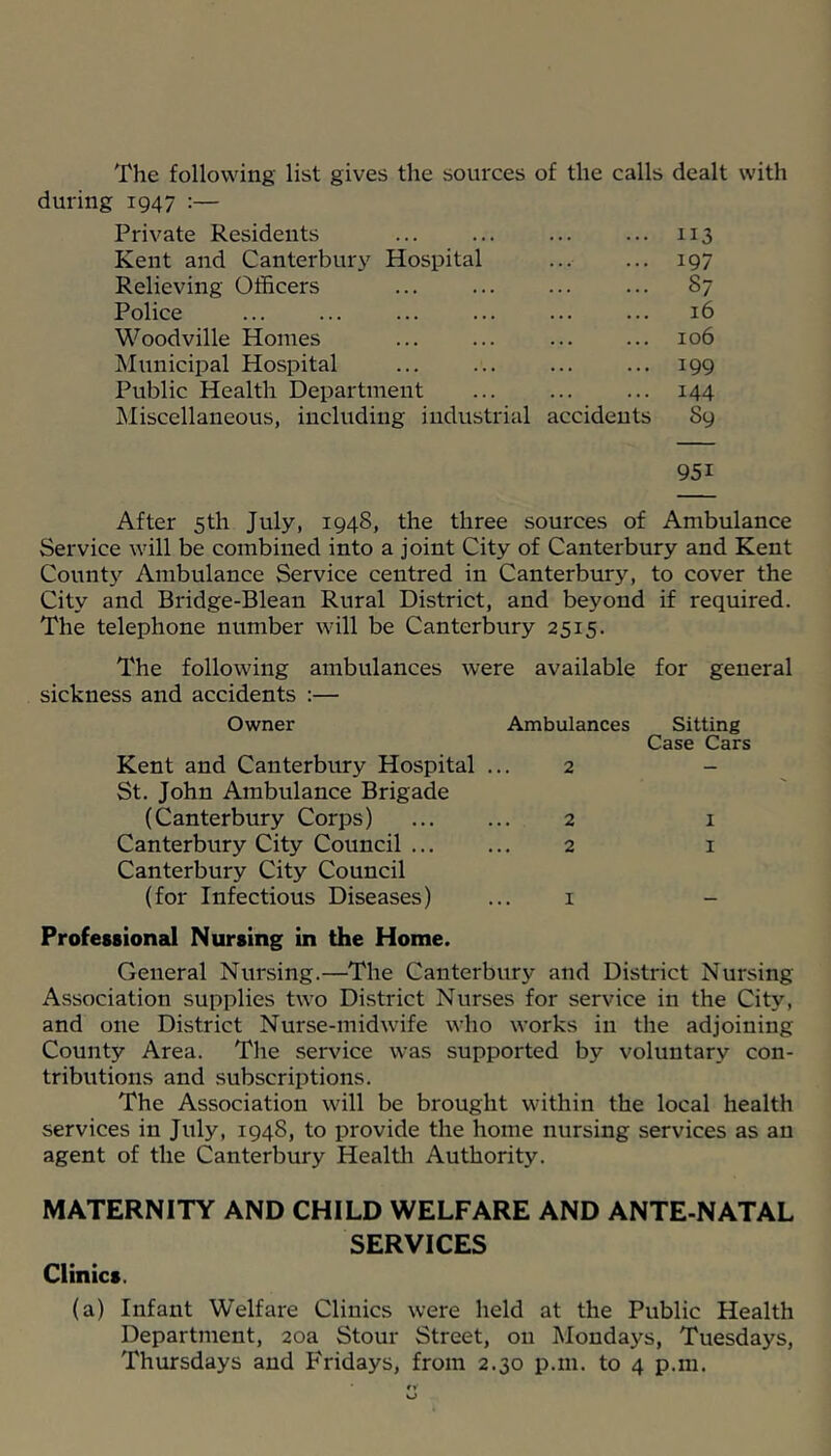 The following list gives the sources of the calls dealt with during 1947 :— Private Residents 113 Kent and Canterbury Hospital ... ... 197 Relieving Officers ... ... 87 Police ... ... ... ... ... ... 16 Woodville Homes ... ... ... ... 106 Municipal Hospital ... ... ... ... 199 Public Health Department ... ... ... 144 INIiscellaneous, including industrial accidents 89 951 After 5th July, 1948, the three sources of Ambulance Service will be combined into a joint City of Canterbury and Kent County Ambulance Service centred in Canterbur}^ to cover the City and Bridge-Blean Rural District, and beyond if required. The telephone number will be Canterbury 2515. The following ambulances were available for general sickness and accidents :— Owner Kent and Canterbury Hospital St. John Ambulance Brigade (Canterbury Corps) Canterbury City Council ... Canterbury City Council (for Infectious Diseases) Ambulances 2 Sitting Case Cars 2 2 I 1 I Professional Nursing in the Home. General Nursing.—The Canterbury and District Nursing Association supplies two District Nurses for service in the City, and one District Nurse-midwife who works in the adjoining County Area. The service was supported by voluntary con- tributions and subscriptions. The Association will be brought within the local health services in July, 1948, to provide the home nursing services as an agent of the Canterbury Healtli Authority. MATERNITY AND CHILD WELFARE AND ANTE-NATAL SERVICES Clinics. (a) Infant Welfare Clinics were held at the Public Health Department, 20a Stour Street, on Mondays, Tuesdays, Thursdays and F'ridays, from 2.30 p.m. to 4 p.m.