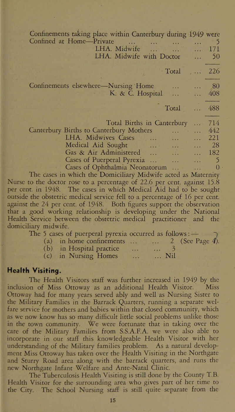 Confinements taking place within Canterbury during 1949 were Confined at Home—Private ... ... ... ... 5 LHA. Midwife ... ... ... 171 LHA. Midwife with Doctor ... 50 Total .... 226 Confinements elsewhere—Nursing Home ... ... 80 K. & C Hospital ... ... 408 Total ... 488 Total Births in Canterbury ... 714 Qinterbury Births to Canterbury Mothers ... ... 442 LHA. Midwives Cases ... ... ... 221 Medical Aid Sought ... ... ... 28 Gas & Air Administered ... ... ... 182 Cases of Puerperal Pyrexia ... ... ... 5 Cases of Ophthalmia Neonatorum ... ... 0 The cases in which the Domiciliary Midwife acted as Maternity Nurse to the doctor rose to a percentage of 22.6 per cent, against 15.8 per cent, in 1948. The cases in which Medical Aid had to be sought outside the obstetric medical service fell to a percentage of 16 per cent, against the 24 per cent, of 1948. Both figures support the observation that a good working relationship is developing under the National Health Service between the obstetric medical practitioner and the domiciliary midwife. The 5 cases of puerperal pyrexia occurred as follows: — (a) in home confinements ... ... 2 (See Page 4). (b) in Hospital practice ... ... 3 (c) in Nursing Homes ... ... Nil Health Visiting. The Health Visitors staff was further increased in 1949 by the inclusion of Miss Ottoway as an additional Health Visitor. Miss Ottoway had for many years served ably and well as Nursing Sister to the Military Families in the Barrack Quarters, running a separate wel- fare service for mothers and babies within that closed community, which as we now know has so many difficult little social problems unlike those in the town community. We were fortunate that in taking over the care of the Military Families from S.S.A.F.A. we were also able to incorporate in our staff this knowledgeable Health Visitor with her understanding of the Military families problem. As a natural develop- ment Miss Ottoway has taken over the Health Visiting in the Northgatc and Sturry Road area along with the barrack quarters, and runs the new Northgate Infant Welfare and Ante-Natal Clinic. The Tuberculosis Health Visiting is still done by the County TB. Health Visitor for the surrounding area who gives part of her time to the City. The School Nursing staff is still quite separate from the