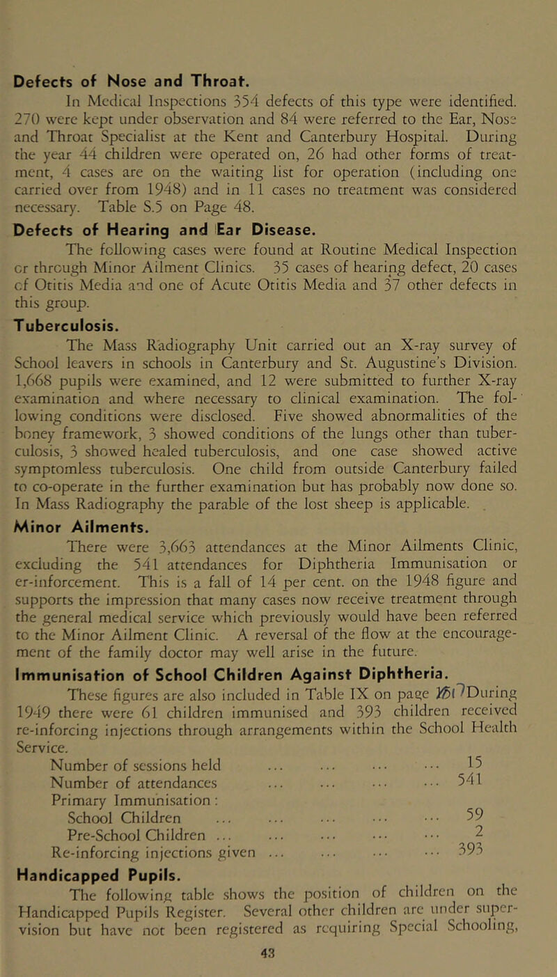 Defects of Nose and Throat. In Medical Inspections 354 defects of this type were identified. 270 were kept under observation and 84 were referred to the Ear, Nose and Throat Specialist at the Kent and Canterbury Hospital. During the year 44 children were operated on, 26 had other forms of treat- ment, 4 cases are on the waiting list for operation (including one carried over from 1948) and in 11 cases no treatment was considered necessary. Table S.5 on Page 48. Defects of Hearing and Ear Disease. The following cases were found at Routine Medical Inspection cr through Minor Ailment Clinics. 35 cases of hearing defect, 20 cases cf Otitis Media and one of Acute Otitis Media and 37 other defects in this group. Tuberculosis. The Mass Radiography Unit carried out an X-ray survey of School leavers in schools in Canterbury and St. Augustine’s Division. 1,668 pupils were examined, and 12 were submitted to further X-ray examination and where necessary to clinical examination. The fol- lowing conditions were disclosed. Five showed abnormalities of the boney framework, 3 showed conditions of the lungs other than tuber- culosis, 3 showed healed tuberculosis, and one case showed active symptomless tuberculosis. One child from outside Canterbury failed to co-operate in the further examination but has probably now done so. In Mass Radiography the parable of the lost sheep is applicable. Minor Ailmenfs. There were 3,663 attendances at the Minor Ailments Clinic, excluding the 541 attendances for Diphtheria Immunisation or er-inforcement. This is a fall of 14 per cent, on the 1948 figure and supports the impression that many cases now receive treatment through the general medical service which previously would have been referred to the Minor Ailment Clinic. A reversal of the flow at the encourage- ment of the family doctor may well arise in the future. immunisation of School Children Against Diphtheria. These figures are also included in Table IX on page l{5('?During 1949 there were 61 children immunised and 393 children received re-inforcing injections through arrangements within the School Health Service. Number of sessions held ... ... ••• 15 Number of attendances ... ... ••• ••• 541 Primary Immunisation; School Children ... ... ... .• ••• 59 Pre-School Children ... ... ... ... 2 Re-inforcing injections given ... ... ... .■• 393 Handicapped Pupils. The following table shows the position of children on the Handicapped Pupils Register. Several other children are under super- vision but have not been registered as requiring Special Schooling,