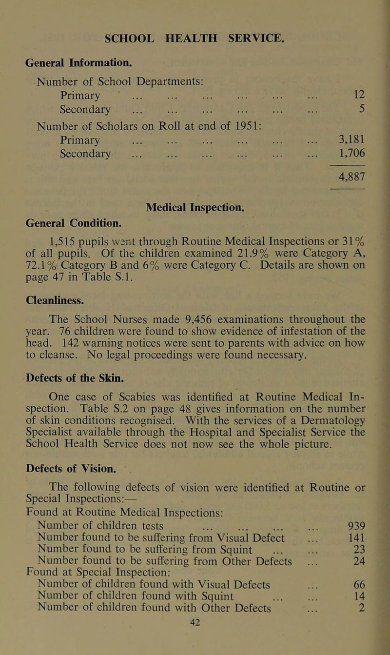 SCHOOL HEALTH SERVICE. General Information. Number of School Departments; Primary ... ... ... ... 12 Secondary 5 Number of Scholars on Roll at end of 1951: Primary ... ... ... ... ... ... 3,181 Secondary ... ... ... ... ... ... 1,706 4,887 Medical Inspection. General Condition. 1,515 pupils went through Routine Medical Inspections or 31% of all pupils. Of the children examined 21.9% were Category A, 72.1% Category B and 6% were Category C. Details are shown on page 47 in Table S.l. Cleanliness. The School Nurses made 9,456 examinations throughout the year. 76 children were found to show evidence of infestation of the head. 142 warning notices were sent to parents with advice on how to cleanse. No legal proceedings were found necessary. Defects of the Skin. One case of Scabies was identified at Routine Medical In- spection. Table S.2 on page 48 gives information on the number of skin conditions recognised. With the services of a Dermatology Specialist available through the Hospital and Specialist Service the School Health Service does not now see the whole picture. Defects of Vision. The following defects of vision were identified at Routine or Special Inspections:— Found at Routine Medical Inspections: Number of children tests 939 Number found to be suffering from Visual Defect ... 141 Number found to be suffering from Squint 23 Number found to be suffering from Other Defects ... 24 Found at Special Inspection: Number of children found with Visual Defects ... 66 Number of children found with Squint 14 Number of children found with Other Defects ... 2