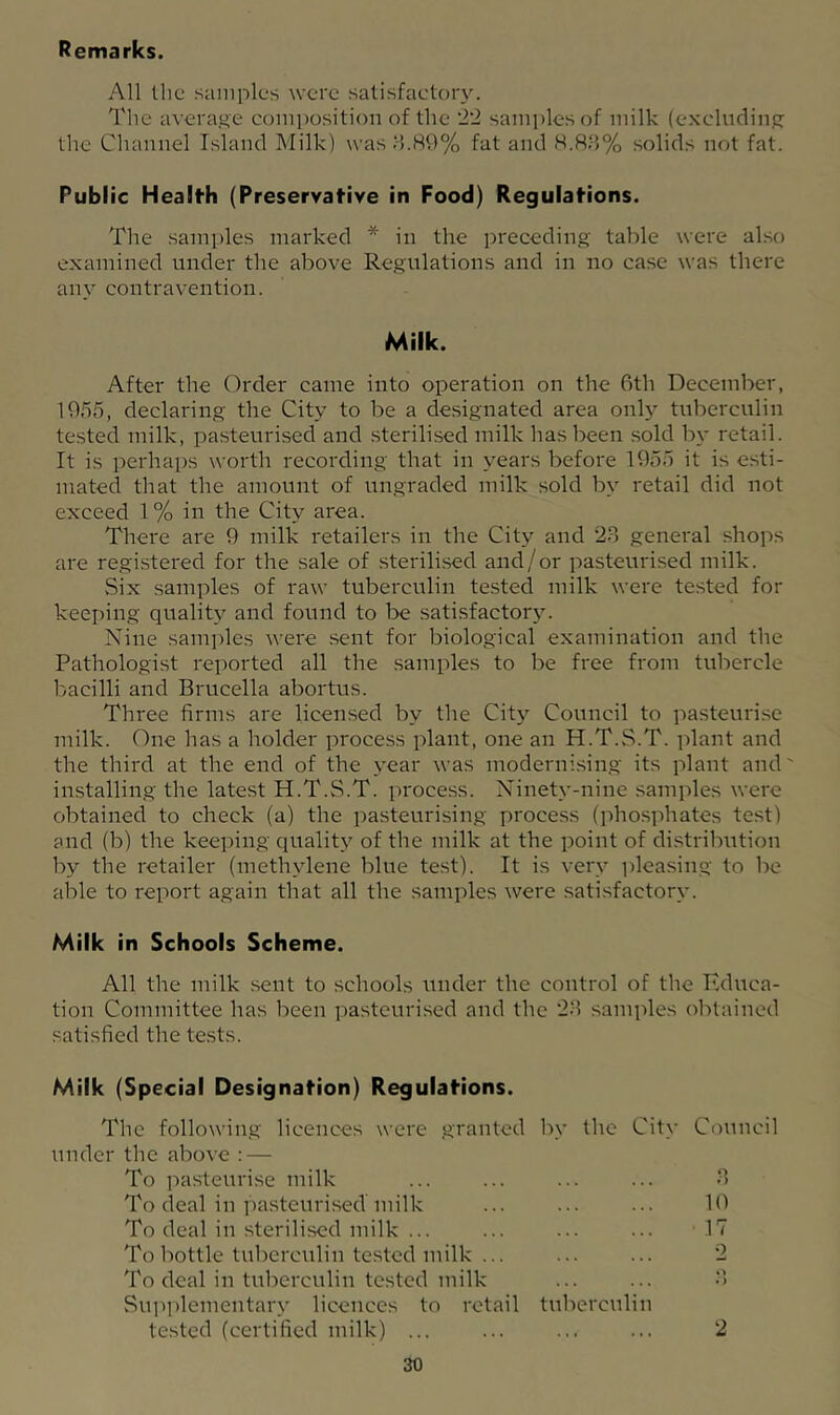 Remarks. All the samples were satisfactory. The average composition of the *2‘2 sami)lesof milk (excluding the Channel Island Milk) was d.89% fat and H.8,‘5% solids not fat. Public Health (Preservative in Food) Regulations. The samples marked * in the preceding table were also examined under the above Regulations and in no case was there any contravention. Milk. After the Order came into operation on the 6th December, 1055, declaring the City to be a designated area onlj^ tuberculin tested milk, pasteurised and .sterilised milk has been sold by retail. It is perhaps worth recording that in years before 1055 it is esti- mated that the amount of ungraded milk sold by retail did not exceed 1 % in the City area. There are 0 milk retailers in the City and 2.S general shops are registered for the sale of sterili.sed and/or pasteurised milk. vSix samples of raw tuberculin tested milk were tested for keeping quality and found to be satisfactory. Nine sami)les were sent for biological examination and the Pathologist reported all the samples to be free from tubercle bacilli and Brucella abortus. Three firms are licensed by the City Council to pasteurise milk. One has a holder process plant, one an H.T.S.T. plant and the third at the end of the year was modernising its plant and' installing the latest H.T.S.T. process. Ninety-nine samples were obtained to check (a) the pasteurising process (phosphates test) and (b) the keeping quality of the milk at the point of distribution by the retailer (methylene blue test). It is very pleasing to be able to report again that all the samples were satisfactory. Milk in Schools Scheme. All the milk .sent to schools under the control of the Kduca- tion Committee has been pasteurised and the ‘26 samples obtained satisfied the tests. Milk (Special Designation) Regulations. The following licences were granted by the City Council under the above : — To pasteurise milk ... ... ... ... 6 To deal in pasteurised inilk ... ... ... 16 To deal in sterilised milk ... ... ... ... 17 To bottle tuberculin tested milk ... ... ... ‘2 To deal in tuberculin tested milk ... ... 6 Supplementary licences to retail tuberculin tested (certified milk) ... ... ... ... 2