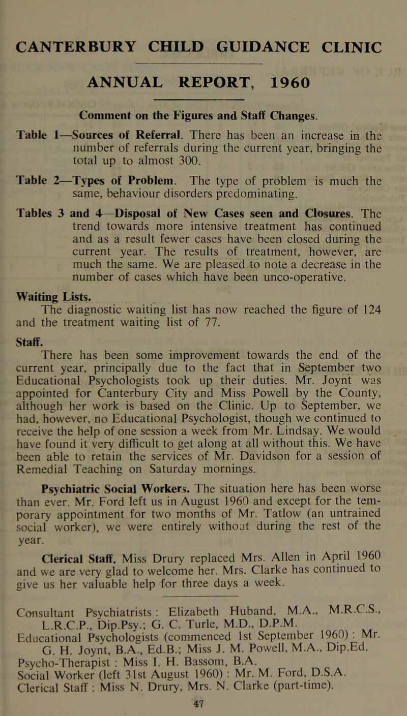 CANTERBURY CHILD GUIDANCE CLINIC ANNUAL REPORT, 1960 Comment on the Figures and Staff Changes. Table 1—Sources of Referral. There has been an increase in the number of referrals during the current year, bringing the total up to almost 300. Table 2—Types of Problem. The type of problem is much the same, behaviour disorders predominating. Tables 3 and 4—Disposal of New Cases seen and Closures. The trend towards more intensive treatment has continued and as a result fewer cases have been closed during the current year. The results of treatment, however, are much the same. We are pleased to note a decrease in the number of cases which have been unco-operative. Waiting Lists. The diagnostic waiting list has now reached the figure of 124 and the treatment waiting list of 77. Staff. There has been some improvement towards the end of the current year, principally due to the fact that in September two Educational Psychologists took up their duties. Mr. JoynV was appointed for Canterbury City and Miss Powell by the County, although her work is based on the Clinic. Up to September, we had, however, no Educational Psychologist, though we continued to receive the help of one session a week from Mr. Lindsay. We would have found it very difficult to get along at all without this. We have been able to retain the services of Mr. Davidson for a session of Remedial Teaching on Saturday mornings. Psychiatric Social Workers. The situation here has been worse than ever. Mr. Ford left us in August 1960 and except for the tem- porary appointment for two months of Mr. Tatlow (an untrained social worker), we were entirely without during the rest of the year. Clerical Staff. Miss Drury replaced Mrs. Allen in April 1960 and we are very glad to welcome her. Mrs. Clarke has continued to give us her valuable help for three days a week. Consultant Psychiatrists: Elizabeth Huband, M.A., M.R.C.S., L.R.C.P., Dip.Psy.; G. C. Turle, M.D., D.P.M. Educational Psychologists (commenced 1st September 1960) : Mr. G. H. Joynt, B.A., Ed.B.; Miss J. M. Powell, M.A., Dip.Ed. Psycho-Therapist : Miss 1. H. Bassom, B.A. Social Worker (left 31st August 1960); Mr. M. Ford, D.S.A. Clerical Staff : Miss N. Drury, Mrs. N. Clarke (part-time).