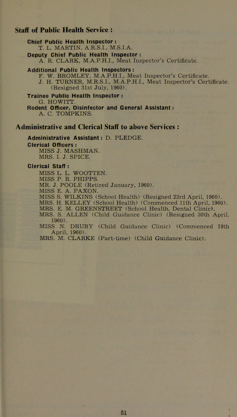 Staff of Public Health Service Chief Public Health Inspector: T. L. MARTIN, A.R.S.I., M.S.I.A. Deputy Chief Public Health Inspector: A. R. CLARK, M.A.P.H.I., Meat Inspector’s Certificate. Additional Public Health Inspectors : F. W. BROMLEY, M.A.P.H.I., Meat Inspector’s Certificate. J. H. TURNER, M.R.S.I., M.A.P.H.I., Meat Inspector’s Certificate. (Resigned 31st July, 1960). Trainee Public Health Inspector ; G. HOWITT. Rodent Officer, Disinfector and General Assistant: A. C. TOMPKINS. Administrative and Clerical Staff to above Services : Administrative Assistant: D. PLEDGE. Clerical Officers: MISS J. MASHMAN. MRS. I. J. SPICE. Clerical Staff; MISS L. L. WOOTTEN. MISS P. R. PHIPPS. MR. J. POOLE (Retired January, 1960). MISS E. A. PAXON. MISS S. WILKINS (School Health) (Resigned 23rd April, 1960). MRS. H. KELLEY (School Health) (Commenced 11th April, 1960). MRS. E. M. GREENSTREET (School Health, Dental Clinic). MRS. S. ALLEN (Child Guidance Clinic) (Resigned 30th April, 1960). MISS N. DRURY (Child Guidance Clinic) (Commenced 19th April, 1960). MRS. M. CLARKE (Part-time) (Child Guidance Clinic). 51 I