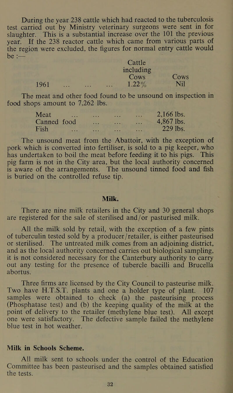 During the year 238 cattle which had reacted to the tuberculosis test carried out by Ministry veterinary surgeons were sent in for slaughter. This is a substantial increase over the 101 the previous year. If the 238 reactor cattle which came from various parts of the region were excluded, the figures for normal entry cattle would be :— Cattle including Cows Cows 1961 1.22% Nil The meat and other food found to be unsound on inspection in food shops amount to 7,262 lbs. Meat ... ... ... ... 2,166 lbs. Canned food ... ... ... 4,867 lbs. Fish ... ... ... ... 229 lbs. The unsound meat from the Abattoir, with the exception of pork which is converted into fertiliser, is sold to a pig keeper, who has undertaken to boil the meat before feeding it to his pigs. This pig farm is not in the City area, but the local authority concerned is aware of the arrangements. The unsound tinned food and fish is buried on the controlled refuse tip. Milk. There are nine milk retailers in the City and 30 general shops are registered for the sale of sterilised and/or pasturised milk. All the milk sold by retail, with the exception of a few pints of tuberculin tested sold by a producer/retailer, is either pasteurised or sterilised. The untreated milk comes from an adjoining district, and as the local authority concerned carries out biological sampling, it is not considered necessary for the Canterbury authority to carry out any testing for the presence of tubercle bacilli and Brucella abortus. Three firms are licensed by the City Council to pasteurise milk. Two have H.T.S.T. plants and one a holder type of plant. 107 samples were obtained to check (a) the pasteurising process (Phosphatase test) and (b) the keeping quality of the milk at the point of delivery to the retailer (methylene blue test). All except one were satisfactory. The defective sample failed the methylene blue test in hot weather. Milk in Schools Scheme. All milk sent to schools, under the control of the Education Committee has been pasteurised and the samples obtained satisfied the tests.