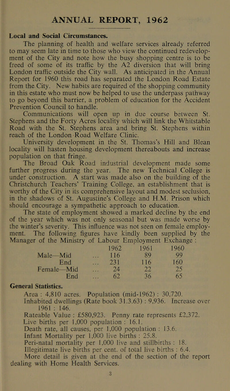 ANNUAL REPORT, 1962 Local and Social Circumstances. The planning of health and welfare services already referred to may seem late in time to those who view the continued redevelop- ment of the City and note how the busy shopping centre is to be freed of some of its traffic by the A2 diversion that will bring London traffic outside the City wall. As anticipated in the Annual Report for 1960 this road has separated the London Road Estate from the City. New habits are required of the shopping community in this estate who must now be helped to use the underpass pathway to go beyond this barrier, a problem of education for the Accident Prevention Council to handle. Communications will open up in due course between St. Stephens and the Forty Acres locality which will link the Whitstable Road with the St. Stephens area and bring St. Stephens within reach of the London Road Welfare Clinic. University development in the St. Thomas’s Hill and Blean locality will hasten housing development thereabouts and increase population on that fringe. The Broad Oak Road industrial development made some further progress during the year. The new Technical College is under construction. A start was made also on the building of the Christchurch Teachers’ Training College, an establishment that is worthy of the City in its comprehensive layout and modest seclusion, in the shadows of St. Augustine’s College and H.M. Prison which should encourage a sympathetic approach to education. The state of employment showed a marked decline by the end of the year which was not only seasonal but was made worse by the winter’s severity. This influence was not seen on female employ- ment. The following figures have kindly been supplied by the Manager of the Ministry of Labour Employment Exchange ; 1962 1961 1960 Male—Mid 116 89 99 End ... 231 116 160 Female—Mid 24 22 25 End 62 36 65 General Statistics. Area ; 4,810 acres. Population (mid-1962) : 30,720. Inhabited dwellings (Rate book 31.3.63) : 9,936. Increase over 1961 ; 146. Rateable Value : £580,923. Penny rate represents £2,372. Live births per 1,000 population : 16.1. Death rate, all causes, per 1,000 population ; 13.6. Infant Mortality per 1,000 live births : 25.8. Peri-natal mortality per 1,000 live and stillbirths : 18. Illegitimate live births per cent, of total live births : 6.4. More detail is given at the end of the section of the report dealing with Home Health Services.