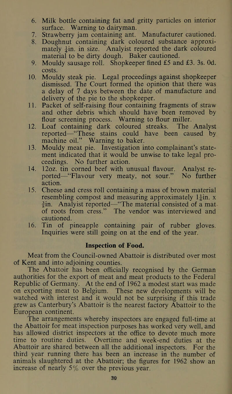 6. Milk bottle containing fat and gritty particles on interior surface. Warning to dairyman. 7. Strawberry jam containing ant. Manufacturer cautioned. 8. Doughnut containing dark coloured substance approxi- mately ^in. in size. Analyist reported the dark coloured material to be dirty dough. Baker cautioned. 9. Mouldy sausage roll. Shopkeeper fined £5 and £3. 3s. Od. costs. 10. Mouldy steak pie. Legal proceedings against shopkeeper dismissed. The Court formed the opinion that there was a delay of 7 days between the date of manufacture and delivery of the pie to the shopkeeper. 11. Packet of self-raising flour containing fragments of straw and other debris which should have been removed by flour screening process. Warning to flour miller. 12. Loaf containing dark coloured streaks. The Analyst reported—“These stains could have been caused by machine oil.” Warning to baker. 13. Mouldy meat pie. Investigation into complainant’s state- ment indicated that it would be unwise to take legal pro- ceedings. No further action. 14. 12oz. tin corned beef with unusual flavour. Analyst re- ported—“Flavour very meaty, not sour.” No further action. 15. Cheese and cress roll containing a mass of brown material resembling compost and measuring approximately IJin. x fin. Analyist reported—“The material consisted of a mat of roots from cress.” The vendor was interviewed and cautioned. 16. Tin of pineapple containing pair of rubber gloves. Inquiries were still going on at the end of the year. Inspection of Food. Meat from the Council-owned Abattoir is distributed over most of Kent and into adjoining counties. The Abattoir has been officially recognised by the German authorities for the export of meat and meat products to the Federal Republic of Germany. At the end of 1962 a modest start was made on exporting meat to Belgium. These new developments will be watched with interest and it would not be surprising if this trade grew as Canterbury’s Abattoir is the nearest factory Abattoir to the European continent. The arrangements whereby inspectors are engaged full-time at the Abattoir for meat inspection purposes has worked very well, and has allowed district inspectors at the office to devote much more time to routine duties. Overtime and week-end duties at the Abattoir are shared between all the additional inspectors. For the third year running there has been an increase in the number of animals slaughtered at the Abattoir; the figures for 1962 show an increase of nearly 5% over the previous year.