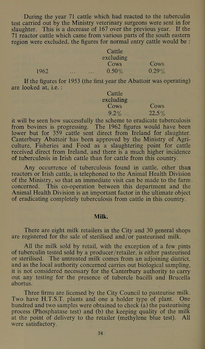 During the year 71 cattle which had reacted to the tuberculin test carried out by the Ministry veterinary surgeons were sent in for slaughter. This is a decrease of 167 over the previous year. If the 71 reactor cattle which came from various parts of the south eastern region were excluded, the figures for normal entry cattle would be : Cattle excluding Cows Cows 1962 0.50% 0.29% If the figures for 1953 (the first year the Abattoir was operating) are looked at. i.e. : Cattle excluding Cows Cows 9.2% 22.5% it will be seen how successfully the scheme to eradicate tuberculosis from bovines is progressing. The 1962 figures would have been lower but for 359 cattle sent direct from Ireland for slaughter. Canterbury Abattoir has been approved by the Ministry of Agri- culture, Fisheries and Food as a slaughtering point for cattle received direct from Ireland, and there is a much higher incidence of tuberculosis in Irish cattle than for cattle from this country. Any occurrence of tuberculosis found in cattle, other than reactors or Irish cattle, is telephoned to the Animal Health Division of the Ministry, so that an immediate visit can be made to the farm, concerned. This co-operation between this department and the Animal Health Division is an important factor in the ultimate object of eradicating completely tuberculosis from cattle in this country. Milk. There are eight milk retailers in the City and 30 general shops are registered for the sale of sterilised and/or pasteurised milk. All the milk sold by retail, with the exception of a few pints of tuberculin tested sold by a producer/retailer, is either pasteurised or sterilised. The untreated milk comes from an adjoining district, and as the local authority concerned carries out biological sampling, it is not considered necessary for the Canterbury authority to carry out any testing for the presence of tubercle bacilli and Brucella abortus. Three firms are licensed by the City Council to pasteurise milk. Two have H.T.S.T. plants and one a holder type of plant. One hundred and two samples were obtained to check (a) the pasteurising process (Phosphatase test) and (b) the keeping quality of the milk at the point of delivery to the retailer (methylene blue test). All were satisfactory.