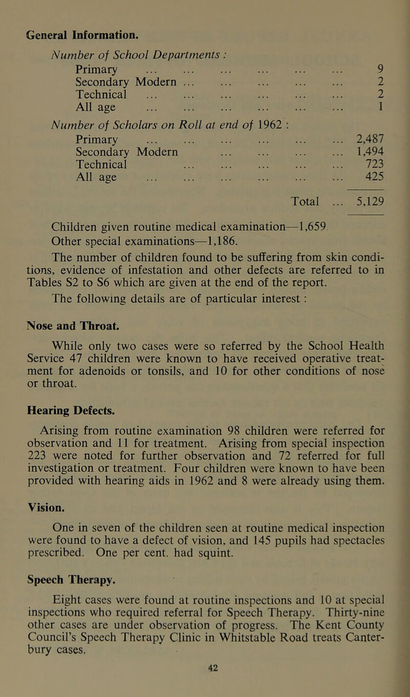 General Information. Number of School Departments: Primary Secondary Modern Technical All age Number of Scholars on Roll at end of 1962 : Primary Secondary Modern Technical All age 9 2 2 1 2,487 1,494 723 425 Total ... 5,129 Children given routine medical examination—1,659 Other special examinations—1,186. The number of children found to be suffering from skin condi- tions, evidence of infestation and other defects are referred to in Tables S2 to S6 which are given at the end of the report. The following details are of particular interest: Nose and Throat. While only two cases were so referred by the School Health Service 47 children were known to have received operative treat;; ment for adenoids or tonsils, and 10 for other conditions of nose or throat. Hearing Defects. Arising from routine examination 98 children were referred for observation and 11 for treatment. Arising from special inspection 223 were noted for further observation and 72 referred for full investigation or treatment. Four children were known to have been provided with hearing aids in 1962 and 8 were already using them. Vision. One in seven of the children seen at routine medical inspection were found to have a defect of vision, and 145 pupils had spectacles prescribed. One per cent, had squint. Speech Therapy. Eight cases were found at routine inspections and 10 at special inspections who required referral for Speech Therapy. Thirty-nine other cases are under observation of progress. The Kent County Council’s Speech Therapy Clinic in Whitstable Road treats Canter- bury cases.