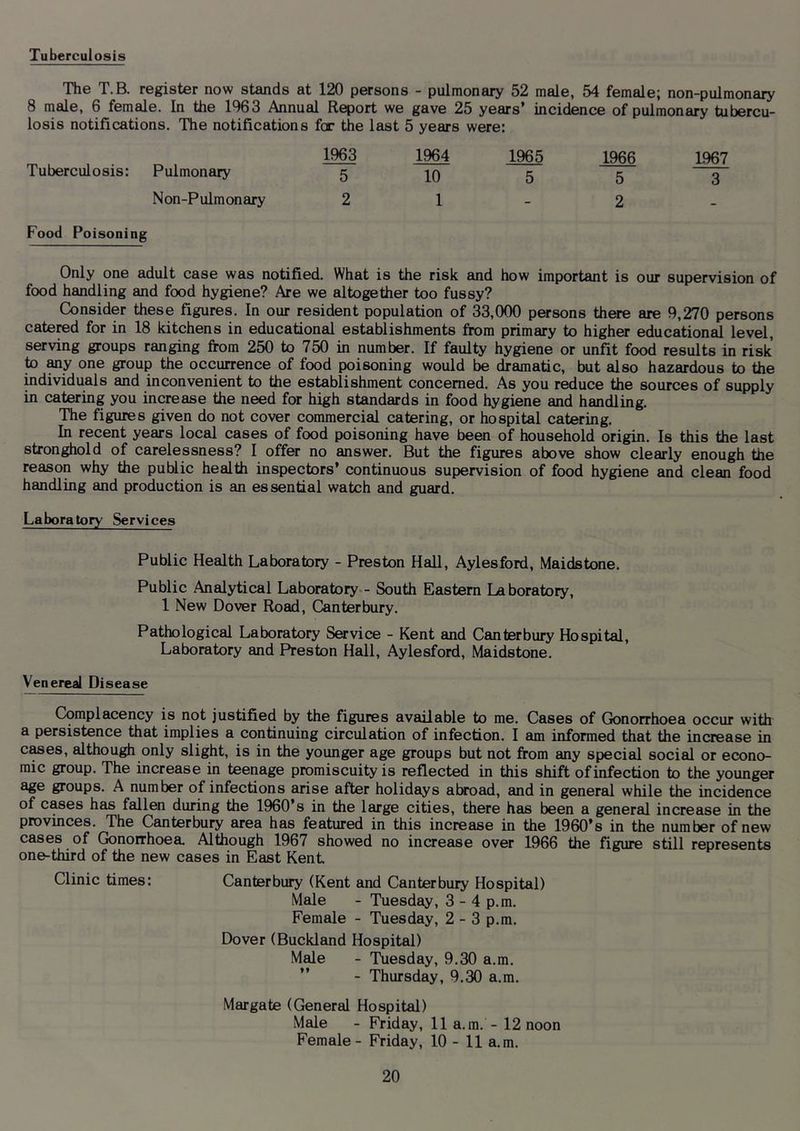 Tuberculosis The T.B. register now stands at 120 persons - pulmonary 52 male, 54 female; non-pulmonary 8 male, 6 femde. In the 1963 Annual Report we gave 25 years’ incidence of pulmonary tubercu- losis notifications. The notifications for the last 5 years were: 1963 1964 1965 1966 1967 Tuberculosis: Pulmonary 5 10 5 5 ^ Non-Pulmonary 2 1-2- Food Poisoning Only one adult case was notified. What is the risk and how important is our supervision of food handling and food hygiene? Are we altogether too fussy? Consider these figures. In our resident population of 33,000 persons there are 9,270 persons catered for in 18 kitchens in educational establishments from primary to higher educational level, serving groups ranging from 250 to 750 in number. If faulty hygiene or unfit food results in risk to My one group the occurrence of food poisoning would be dramatic, but also hazardous to the mdividuals and inconvenient to the establishment concerned. As you reduce the sources of supply in catering you increase the need for high standards in food hygiene and handling. The figures given do not cover commercial catering, or hospital catering. In recent years local cases of food poisoning have been of household origin. Is this the last stronghold of carelessness? I offer no answer. But the figures above show clearly enough the reason why the public health inspectors* continuous supervision of food hygiene and clean food handling and production is an essential watch and guard. Laboratory Services Public Health Laboratory - Preston Hall, Aylesford, Maidstone. Public Analytical Laboratory - South Eastern Laboratory, 1 New Dover Road, Canterbury. Pathological Laboratory Service - Kent and Canterbury Hospital, Laboratory and Preston Hall, Aylesford, Maidstone. Venereal Disease Complacency is not justified by the figures available to me. Cases of Gonorrhoea occur witlr a persistence that implies a continuing circulation of infection. I am informed that the increase in CMes, although only slight, is in the younger age groups but not from any special social or econo- mic group. The increase in teenage promiscuity is reflected in this shift of infection to the younger age groups. A number of infections arise after holidays abroad, and in general while the incidence of cases has fallen during the 1960’s in the large cities, there has been a general increase in the provinces. The Canterbury area has featured in this increase in the 1960’s in the number of new cases of Gonorrhoea. Although 1967 showed no increase over 1966 the figure still represents one-third of the new cases in East Kent Clinic times: Canterbury (Kent and Canterbury Hospital) Male - Tuesday, 3 - 4 p.m. Female - Tuesday, 2-3 p.m. Dover (Buckland Hospital) Male - Tuesday, 9.30 a.m. ” - Thursday, 9.30 a.m. Margate (General Hospital) Male - Friday, 11 a.m. - 12 noon Female - Friday, 10 - 11 a.m.